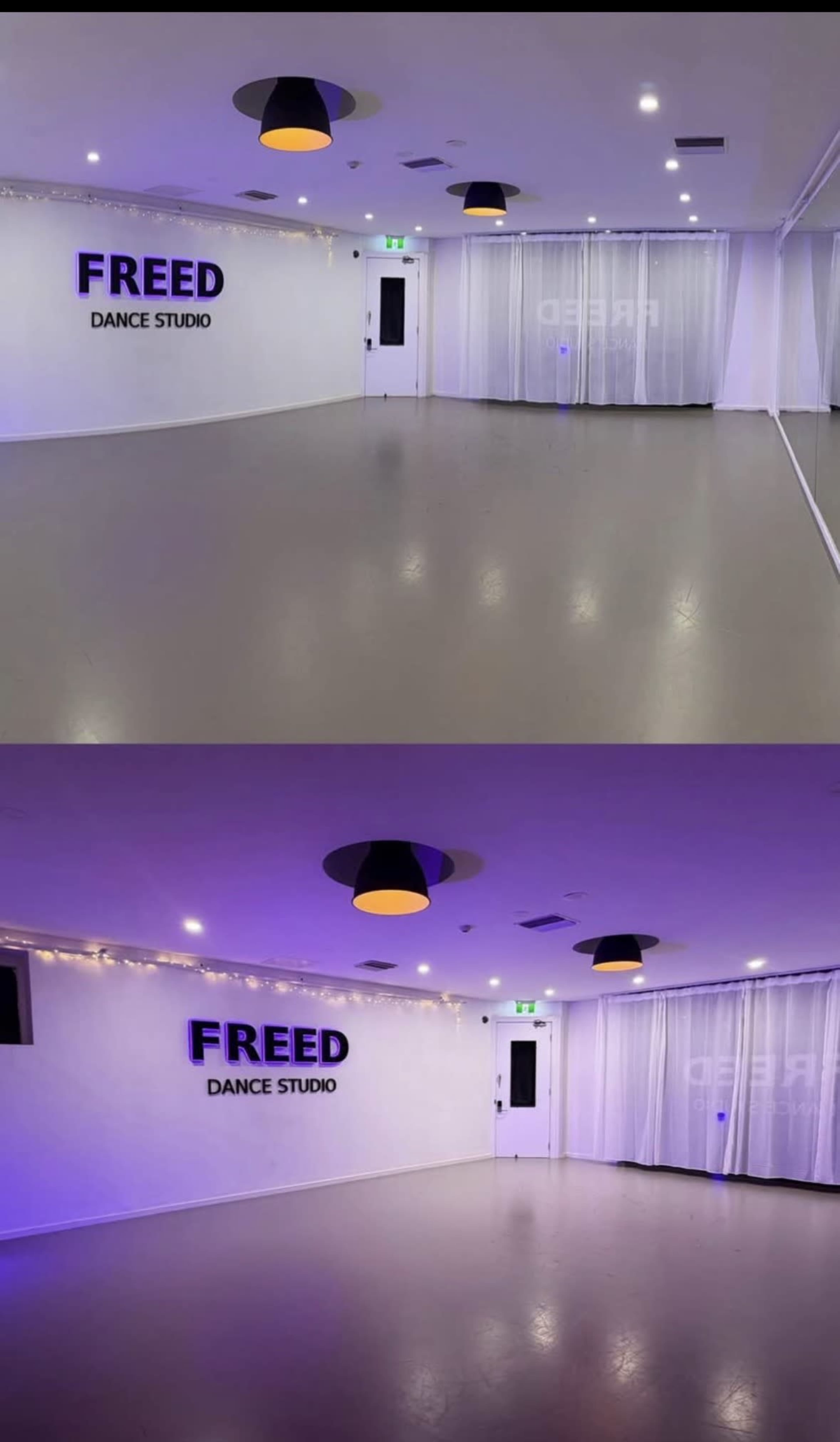 The image shows a dance studio with a spacious, minimalist interior featuring a mirrored wall, soft lighting, and the name "FREED DANCE STUDIO" prominently displayed.