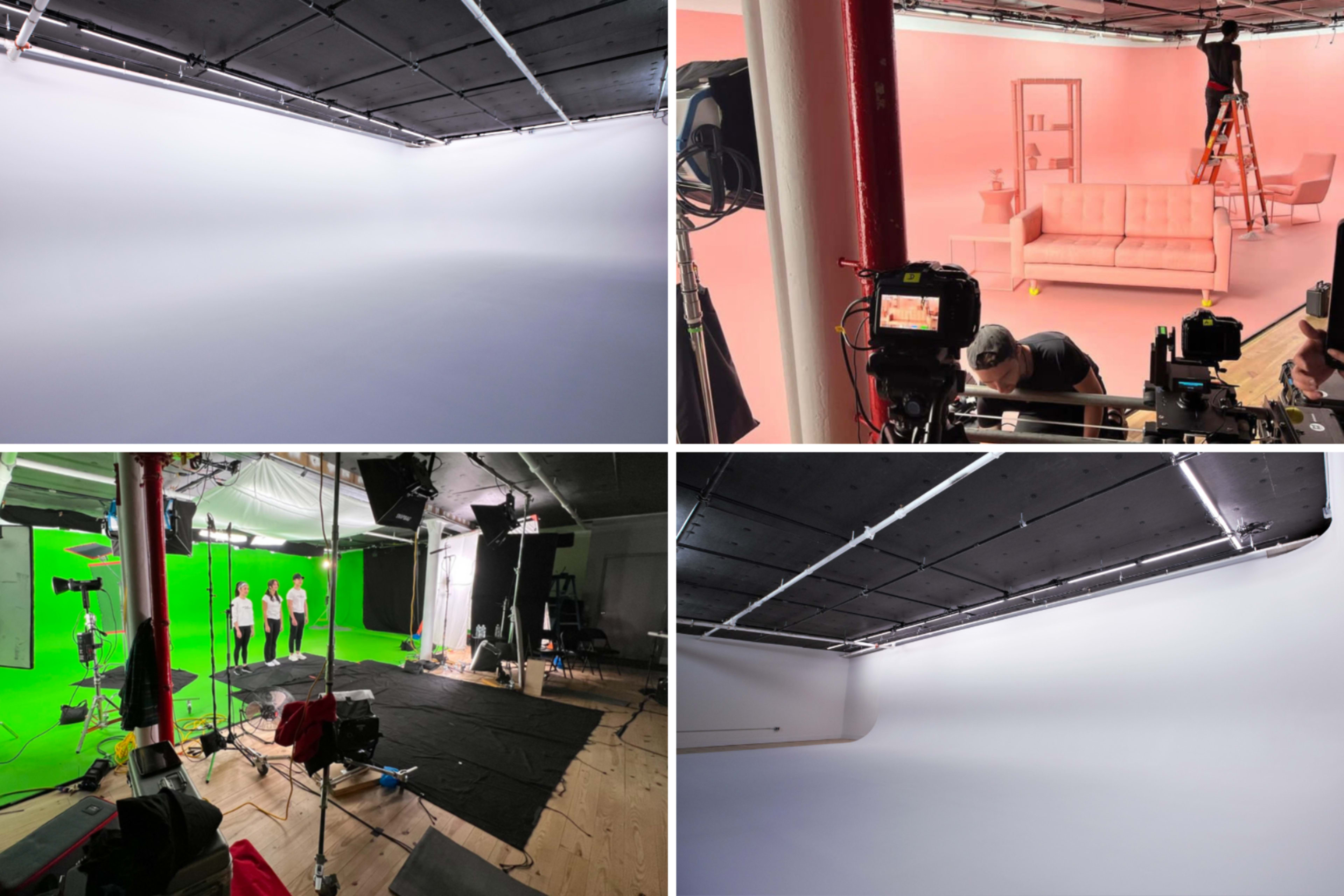 A studio setup with a white backdrop, a pink-lit area featuring a sofa, a green screen section, and crew members arranging equipment.
