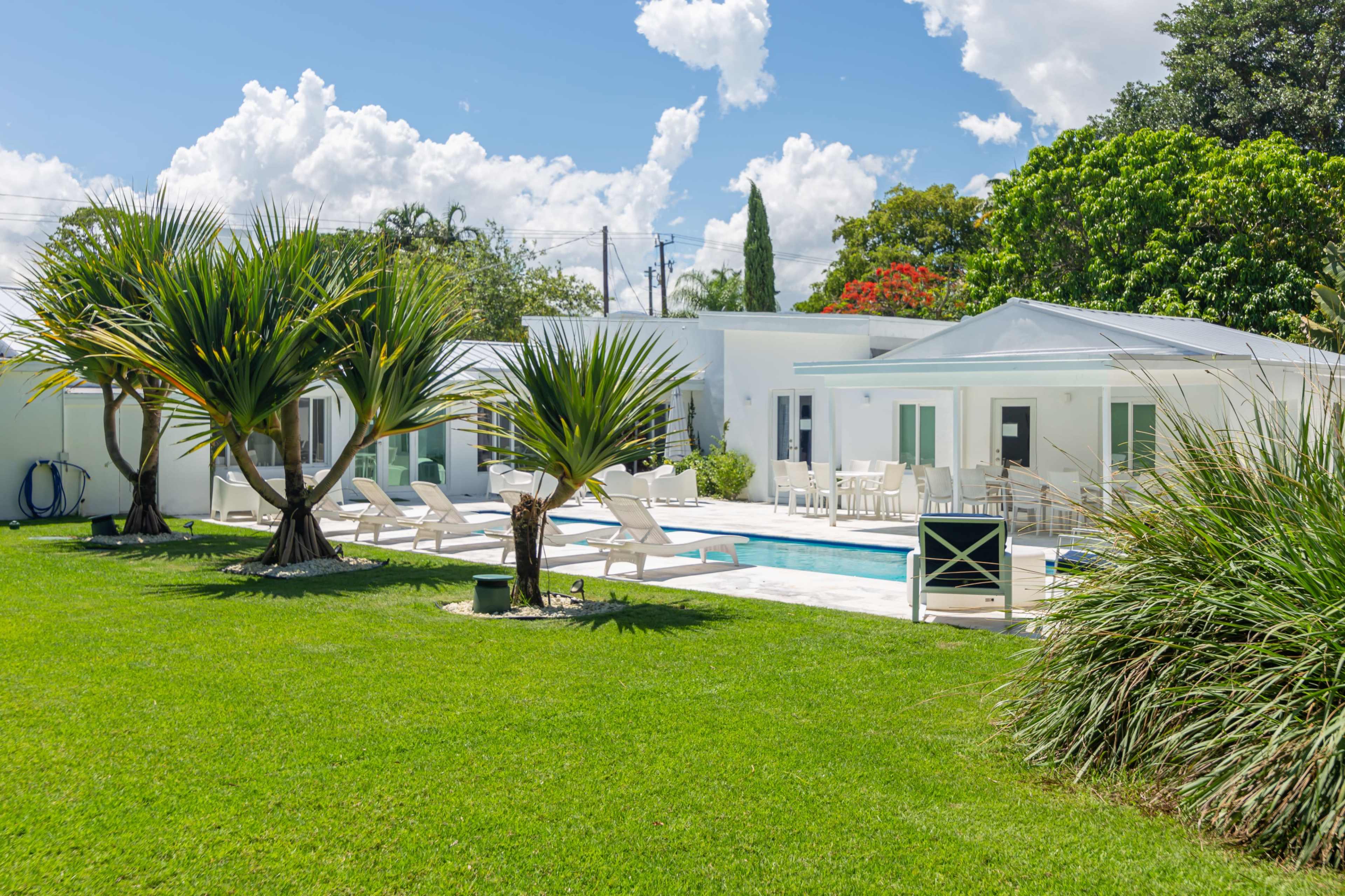 A modern white house with a swimming pool is surrounded by lush green grass and palm trees.