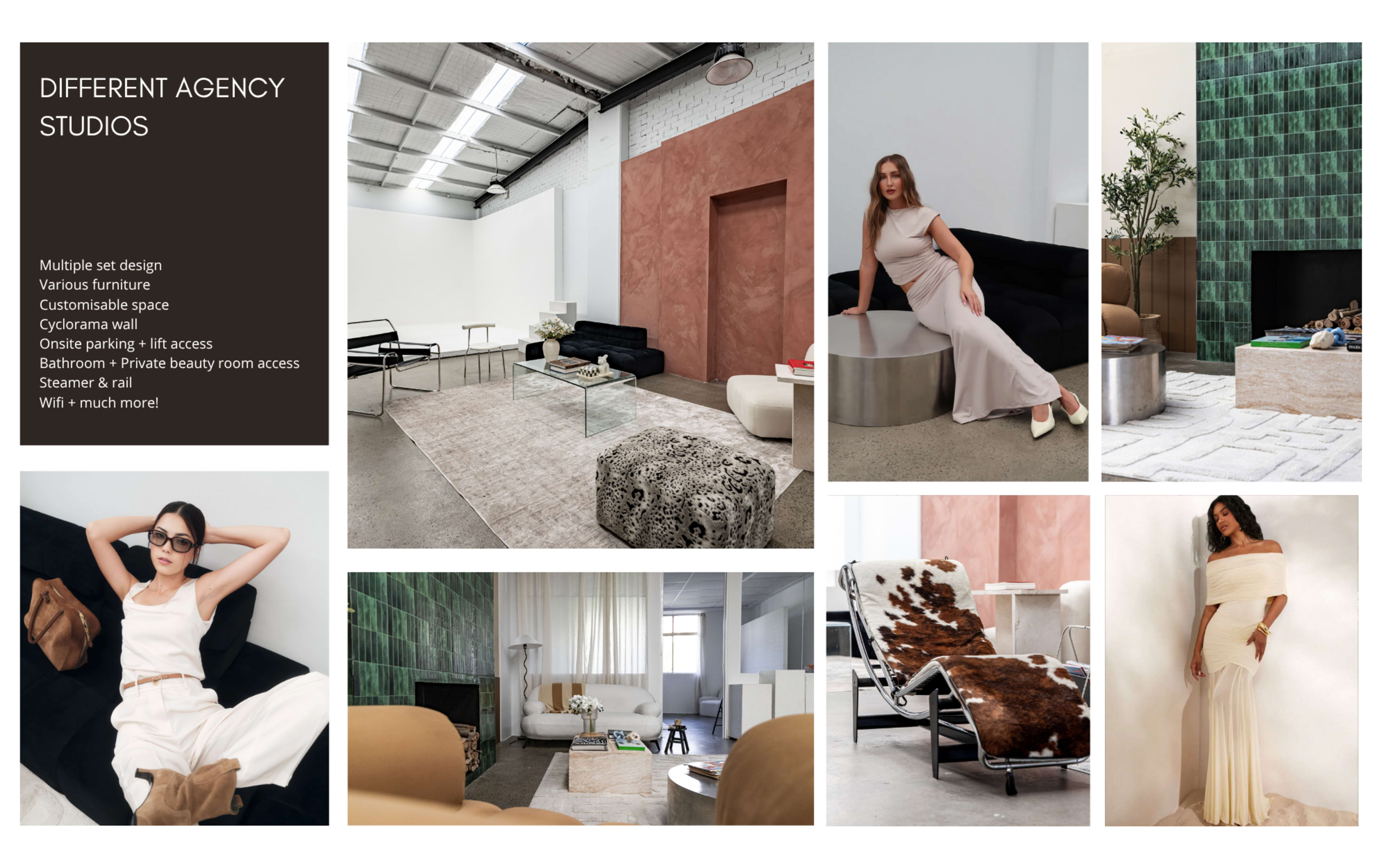 The image showcases a variety of styled studio spaces with different furniture arrangements, decor elements, and models in fashionable attire, emphasizing versatility and customizable setups.