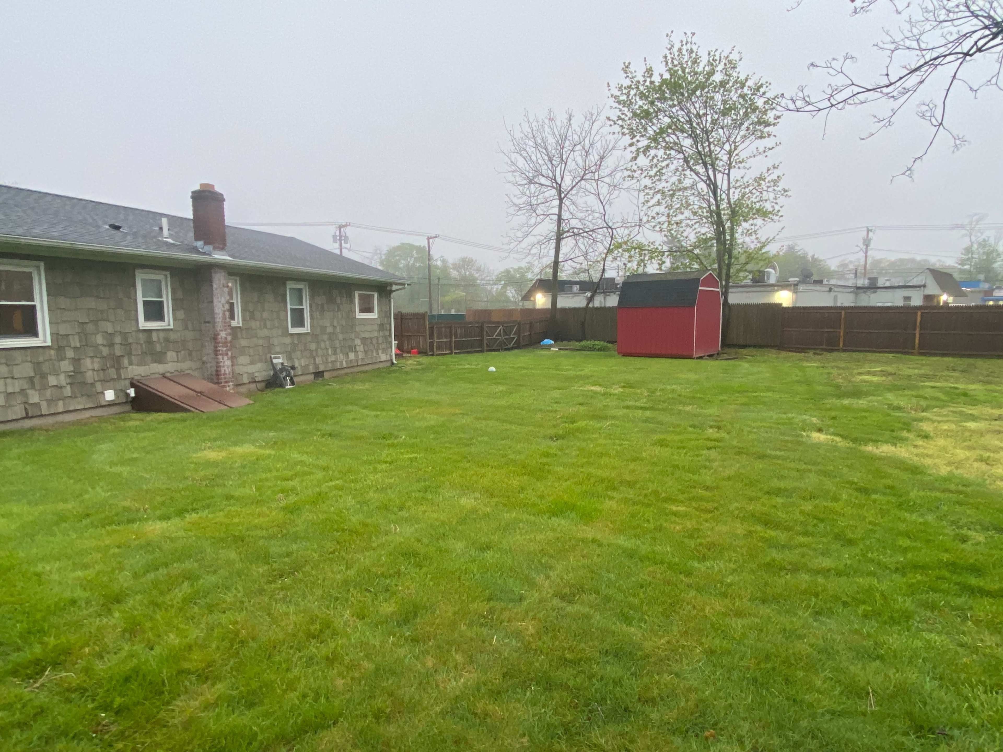 A foggy backyard features a single-story house on the left and a small red shed in the corner, surrounded by a grassy lawn.