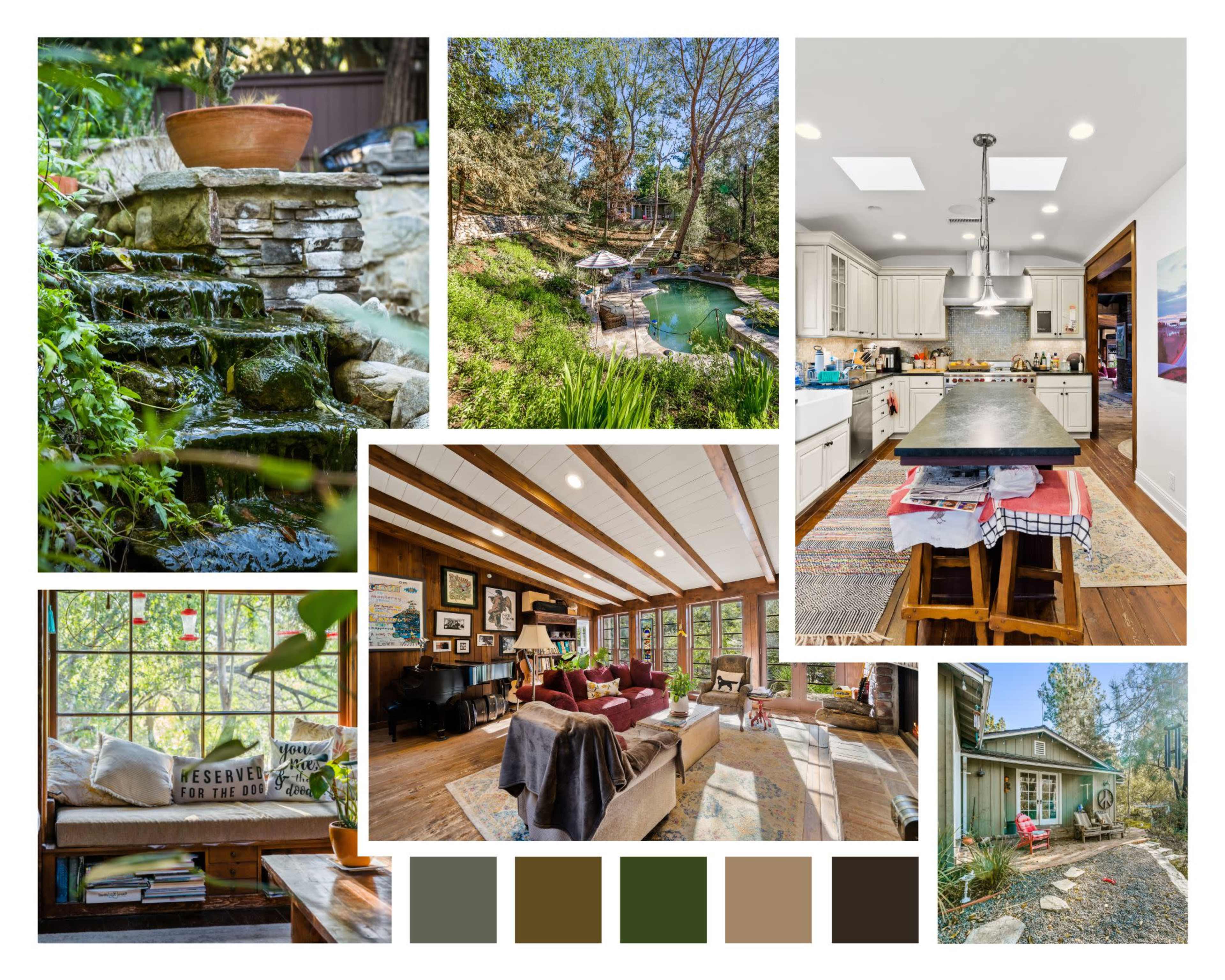 A collage of a serene outdoor water feature, a well-appointed kitchen, a cozy living room with rustic beams, and a welcoming home exterior surrounded by greenery.