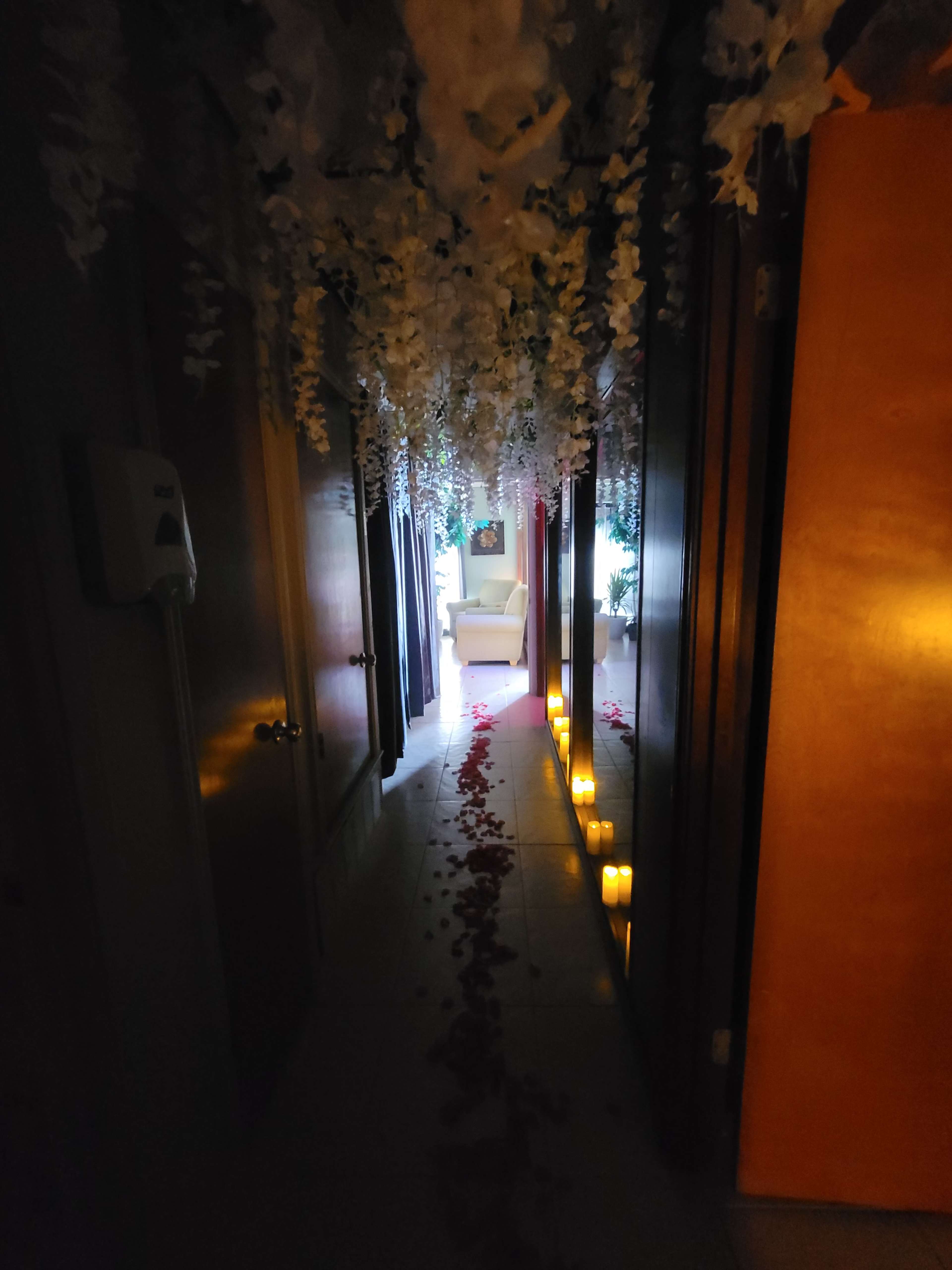A dimly lit hallway is adorned with hanging decorations and rose petals, leading to a brightly lit room at the end.