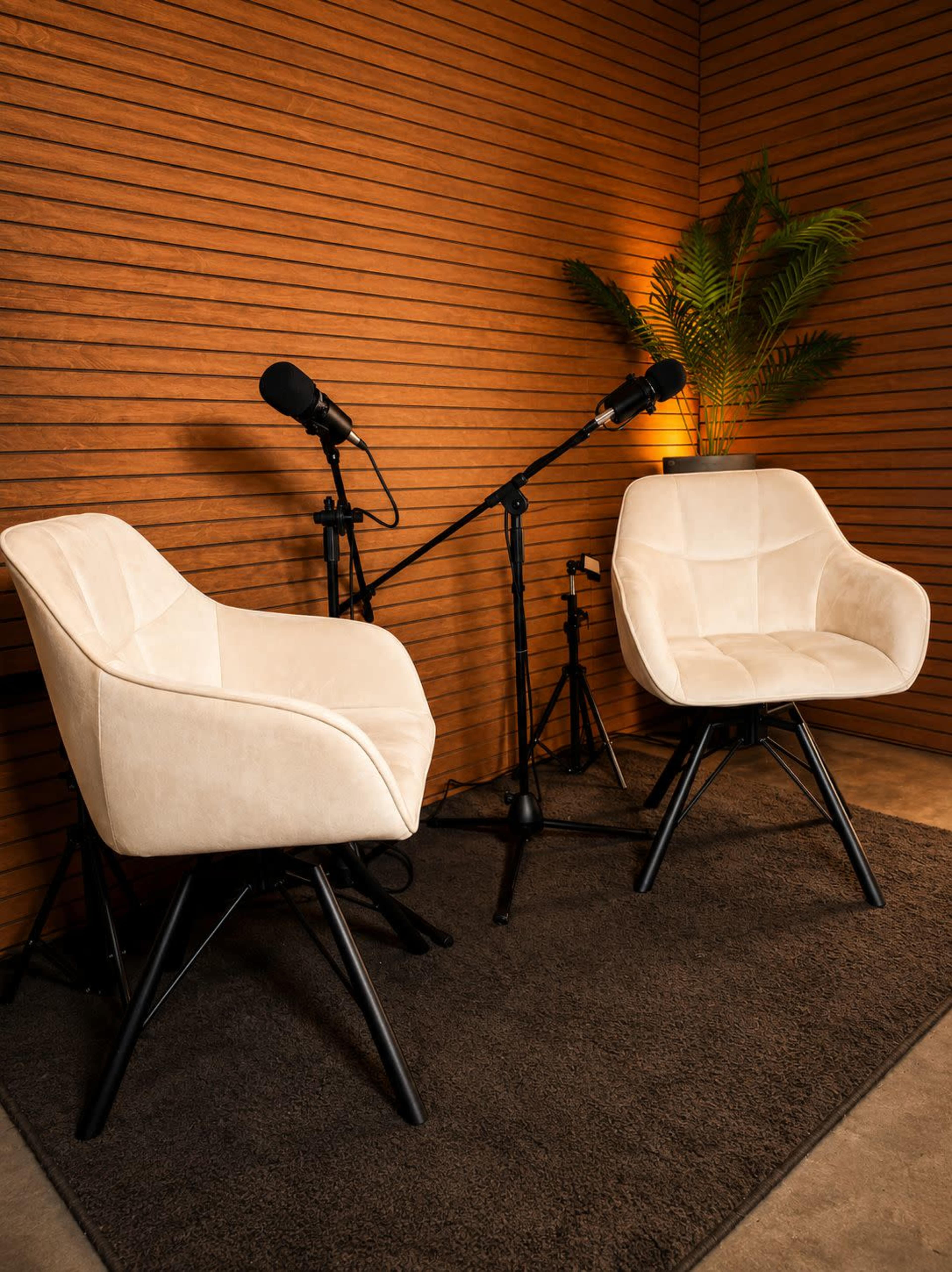 The image shows two cream-colored chairs positioned on a dark rug, accompanied by microphones on stands, set against a backdrop of wooden slats and a potted plant.