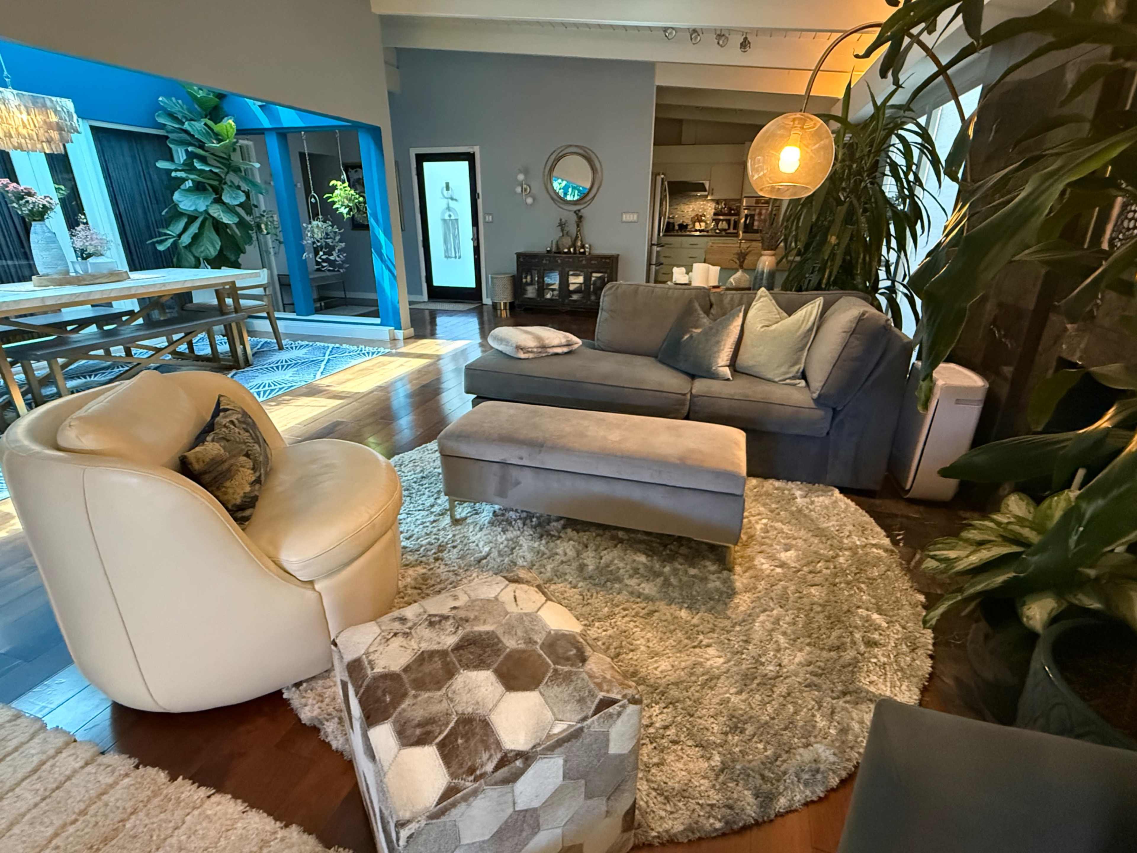 A modern living room features a gray sofa, a round coffee table, a white chair, and a large area rug, with natural light illuminating plants and decor.