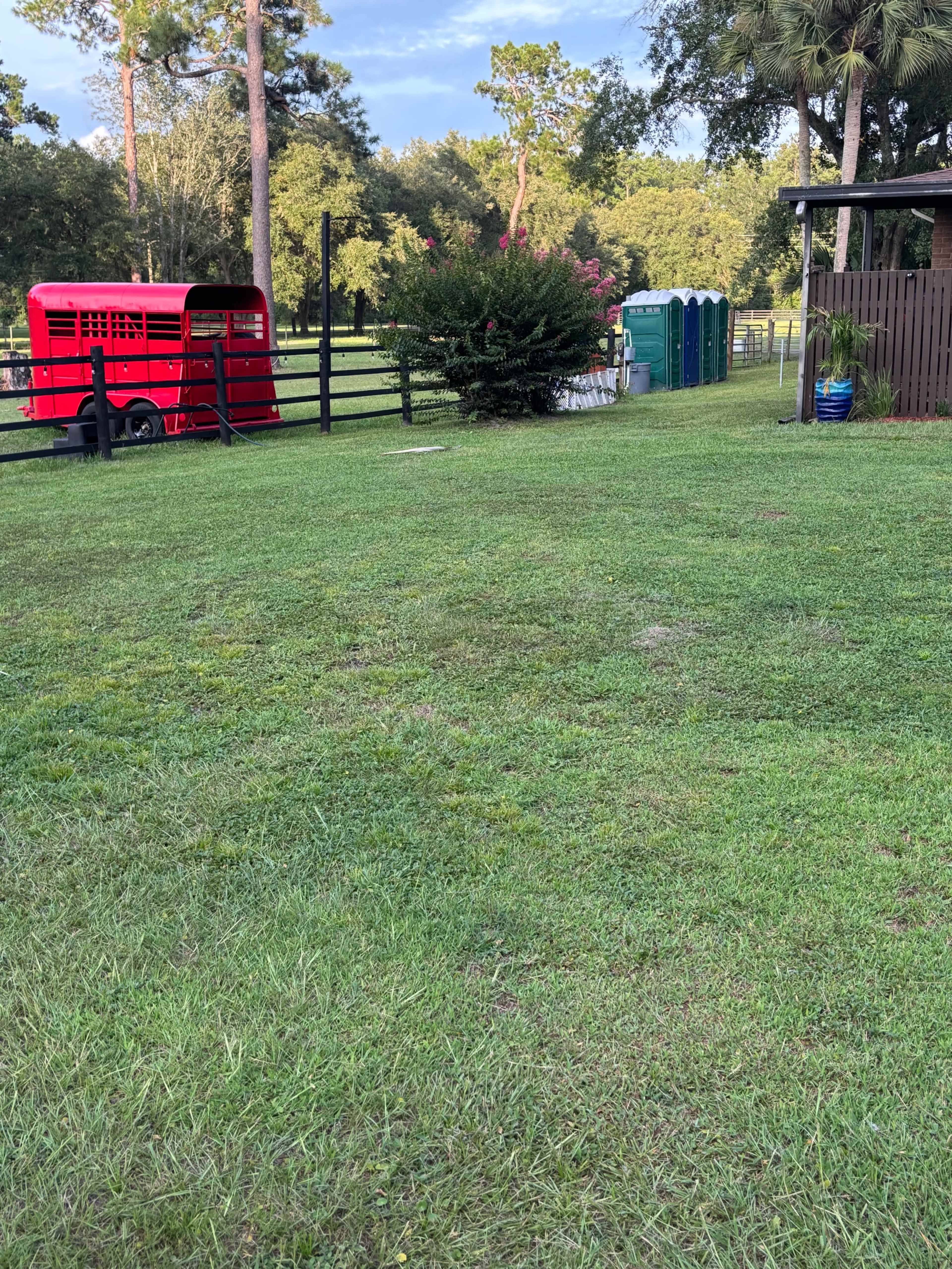 A red horse trailer is parked near a cluster of portable restrooms on a grassy area surrounded by trees.