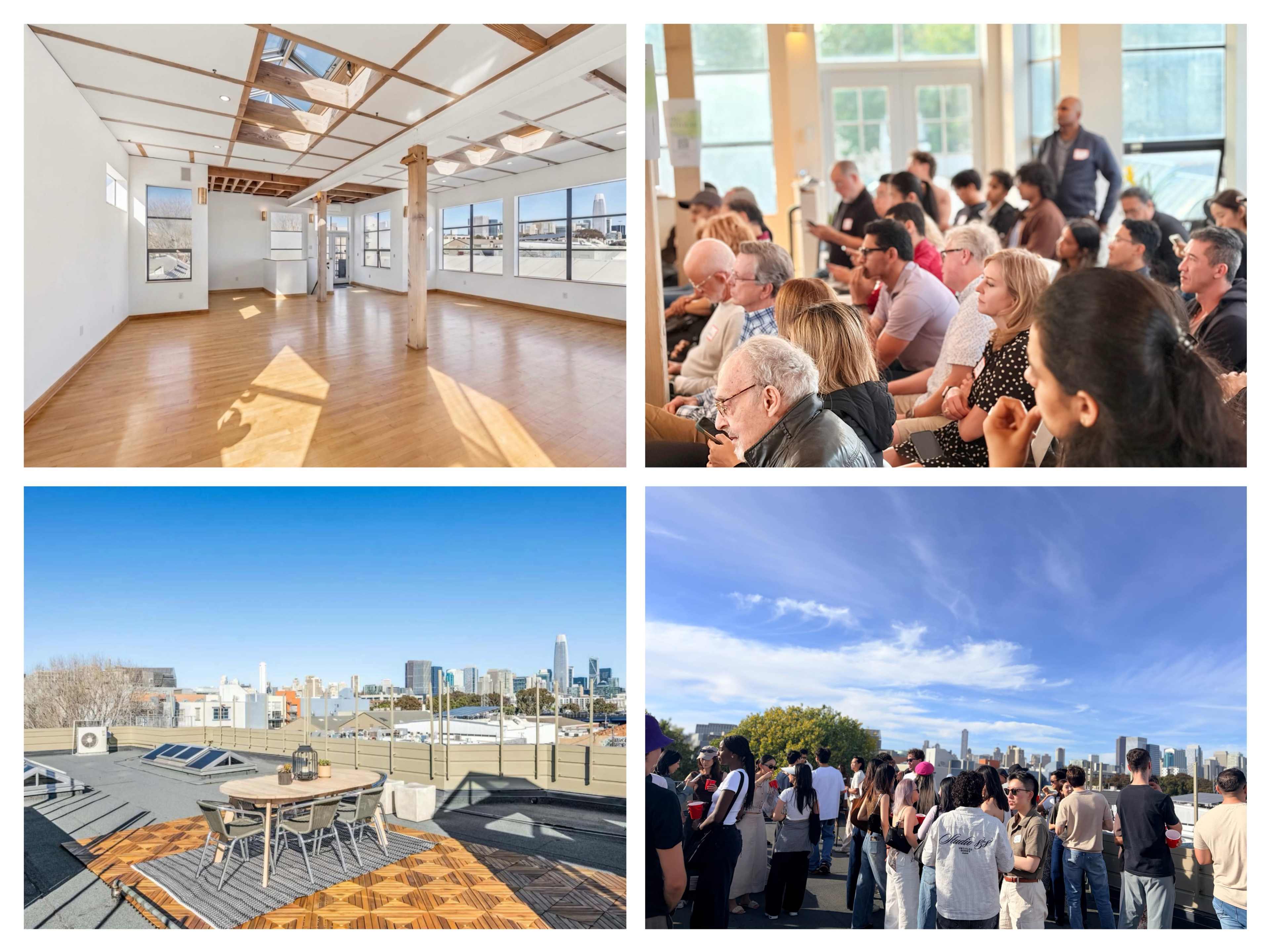 The image features four panels: a spacious, empty interior with large windows; a diverse audience attentively listening; a rooftop view showcasing city skyline and seating; and a group of people gathered at a scenic outdoor location.