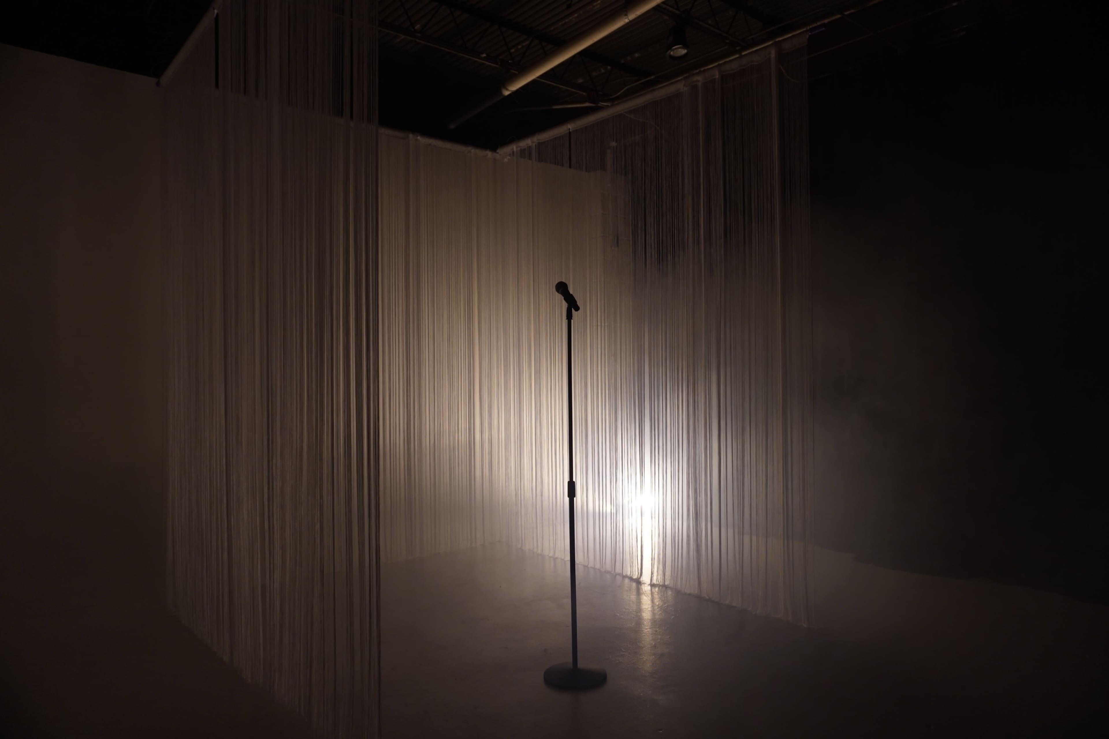 A single microphone stand is illuminated in a dimly lit space surrounded by flowing nylon strands.