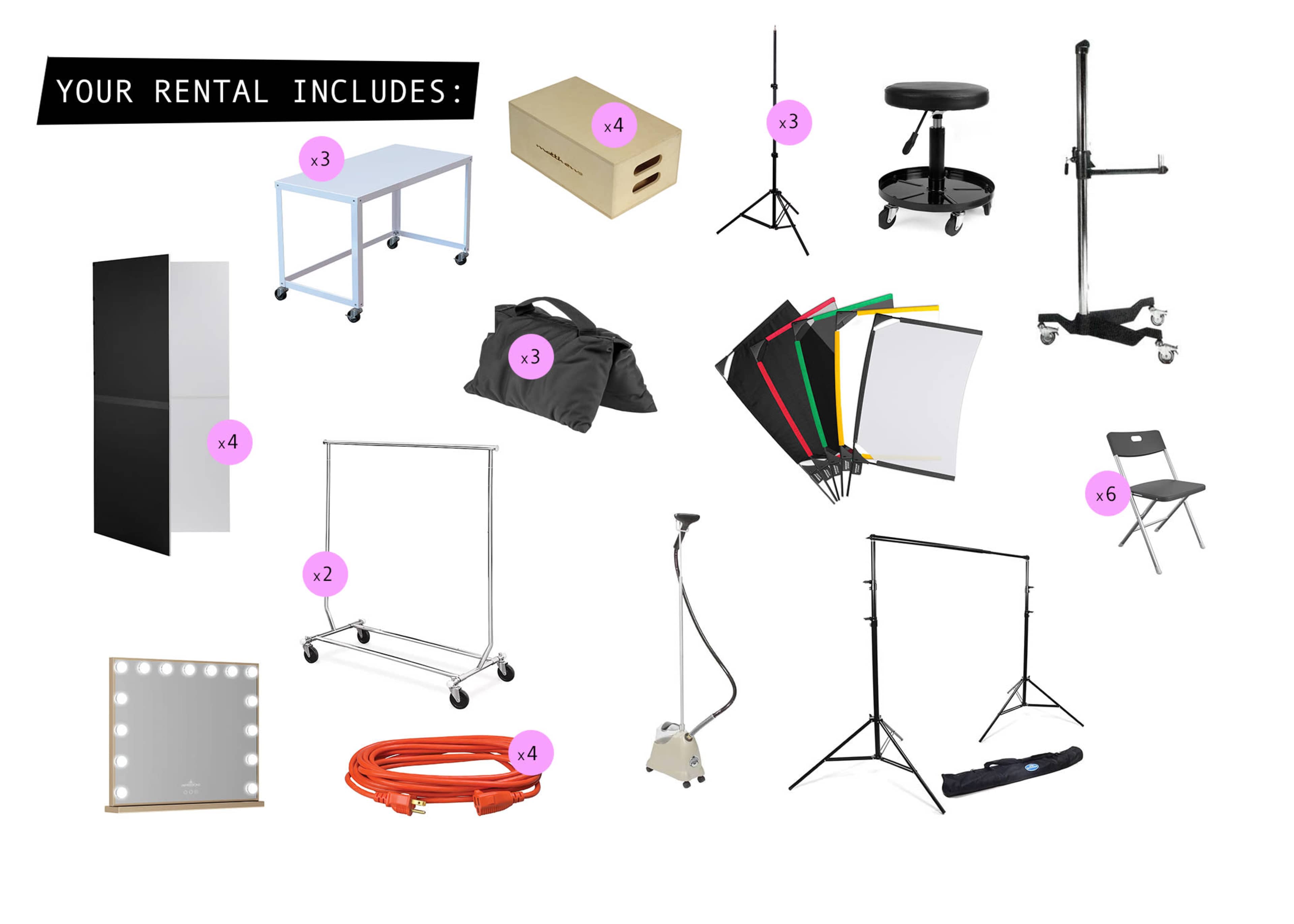 A list of rental items, including furniture, lighting stands, backdrops, and various tools, arranged in a grid format.