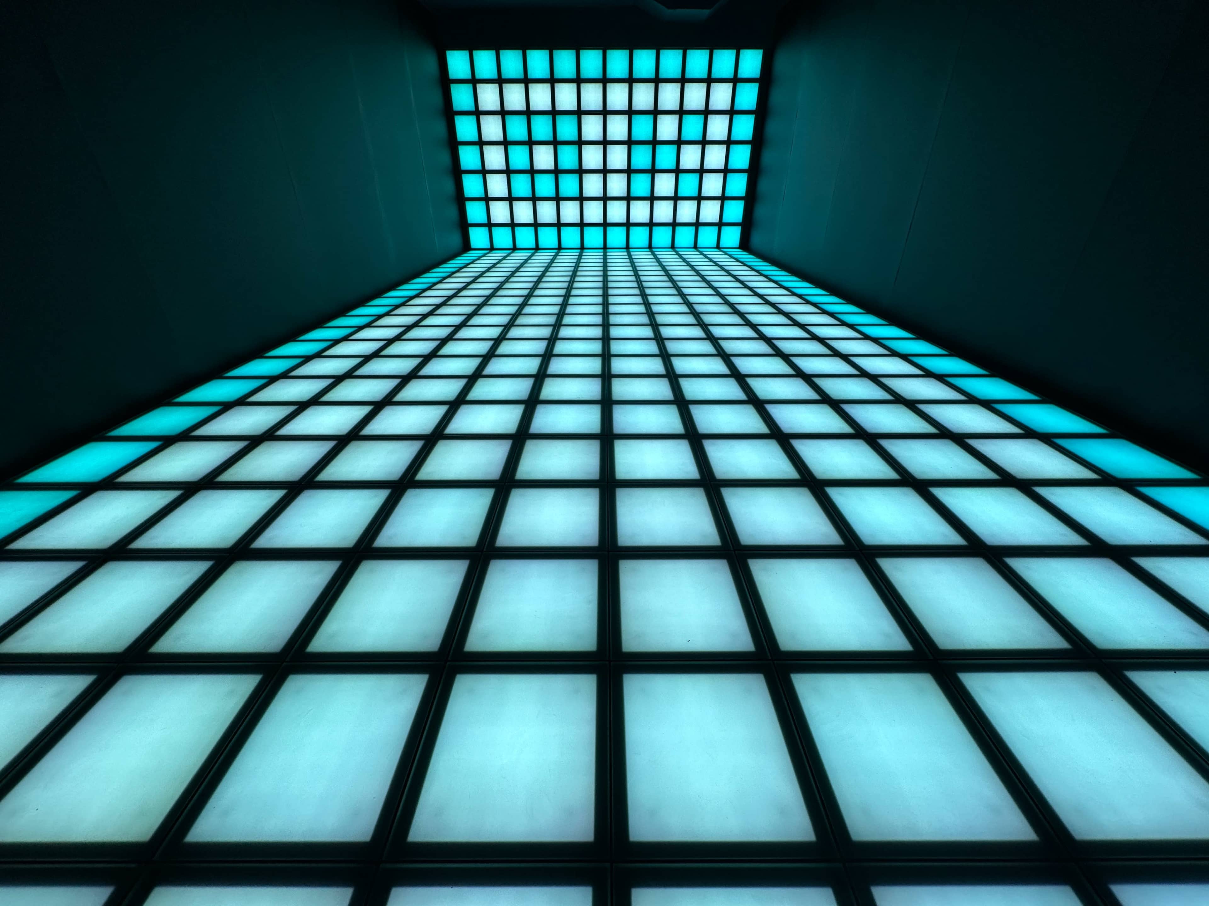 A grid of illuminated panels on a ceiling, viewed from below.