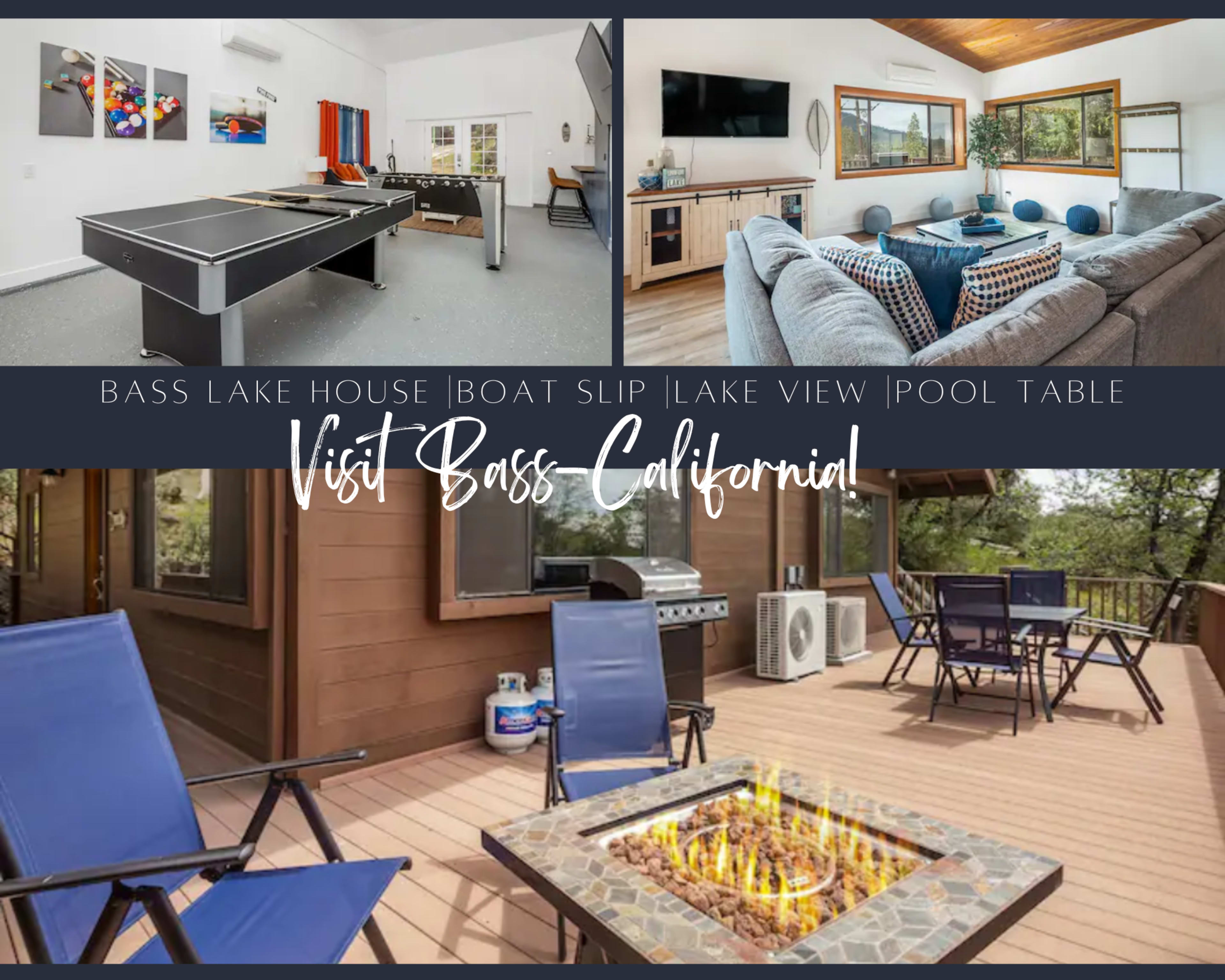 A promotional collage of a lake house featuring a pool table, a cozy living area with large windows, and an outdoor deck with seating around a fire pit.