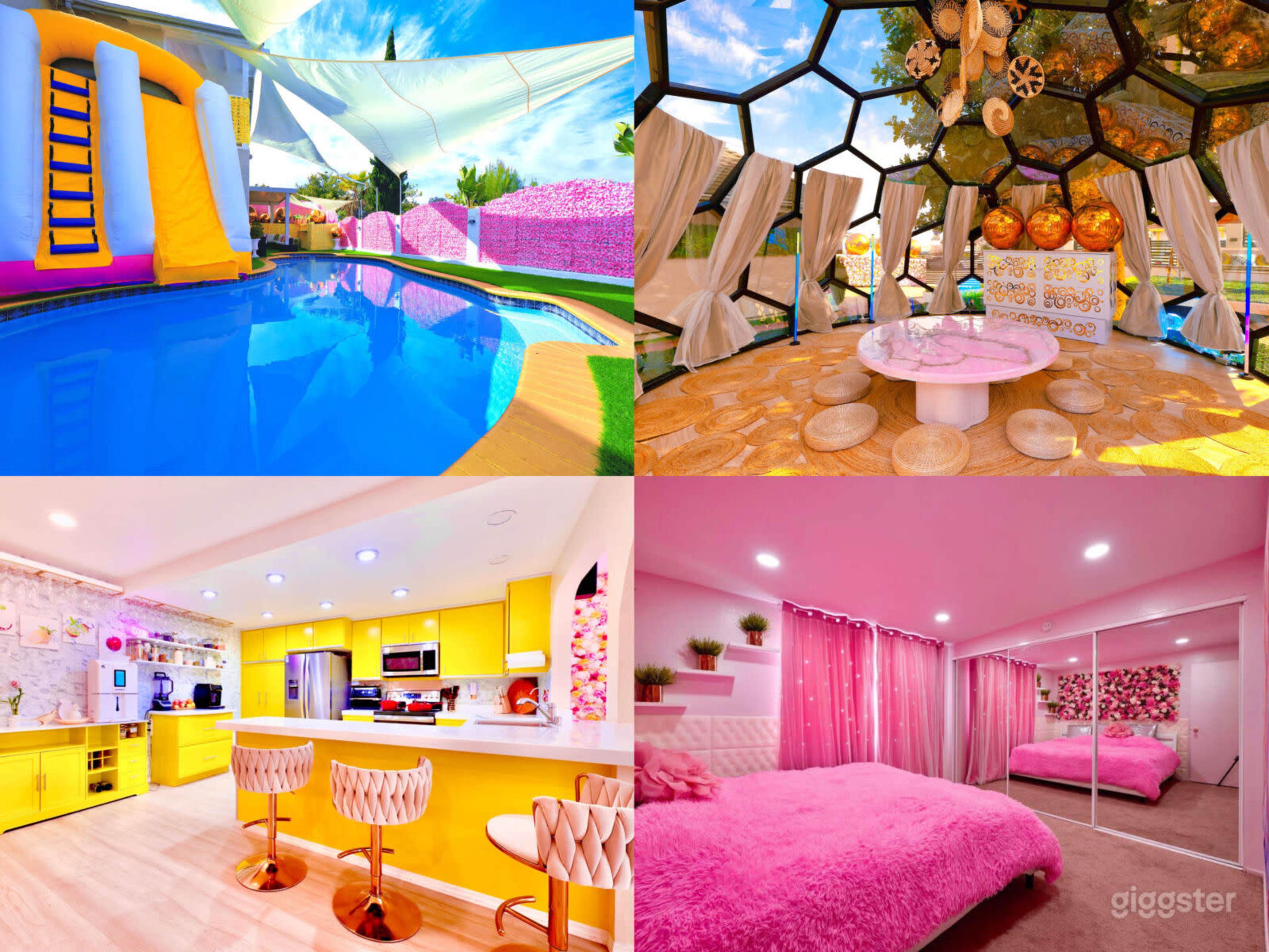 The image showcases four vibrant scenes: a swimming pool area with a large inflatable slide, a hexagonal leisure space with cozy seating and decorations, a bright yellow kitchen with modern appliances, and a pink-themed bedroom featuring plush decor and mirrors.
