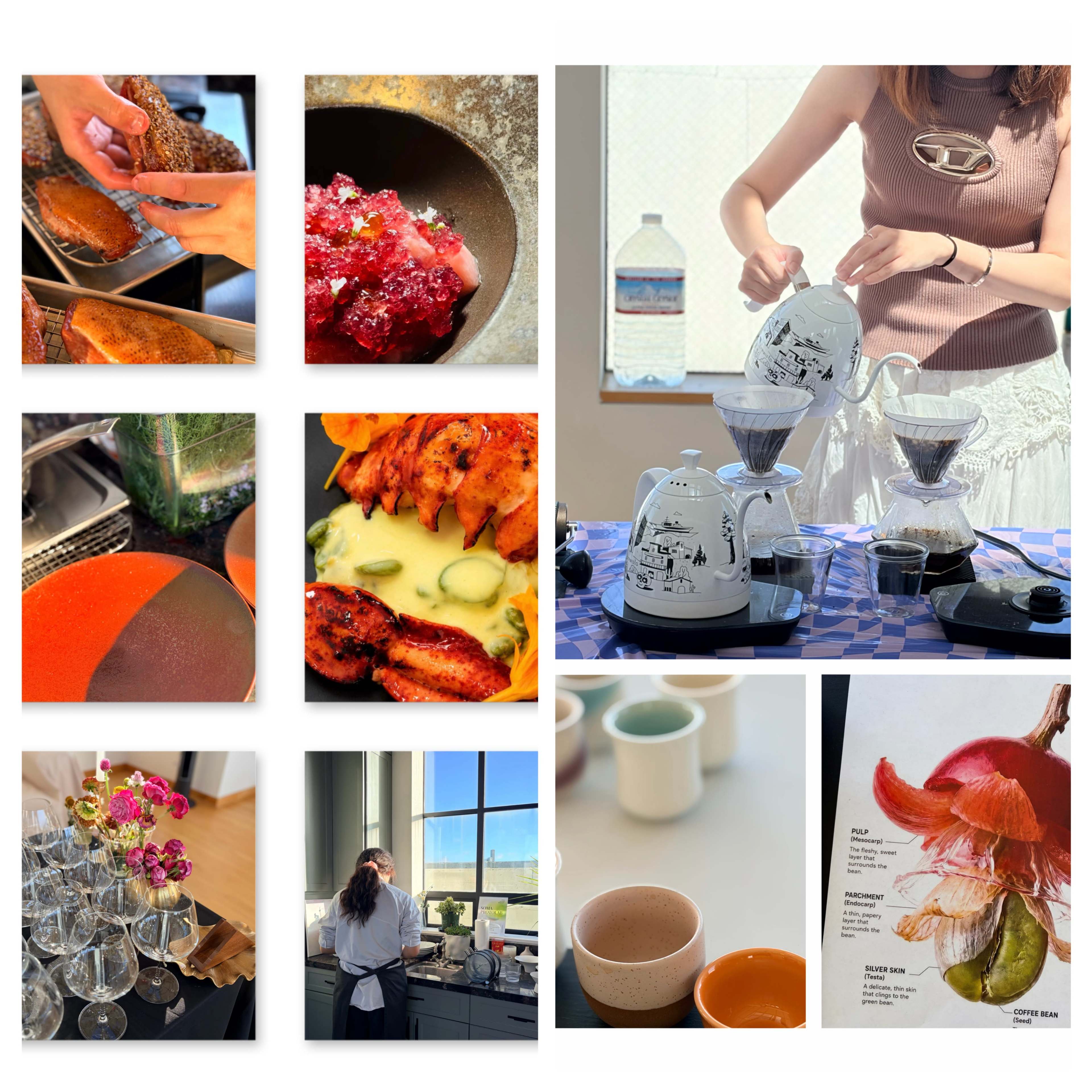 The image collage features a variety of culinary activities, including food preparation, coffee brewing, and decorative elements, showcasing different dishes, utensils, and settings.