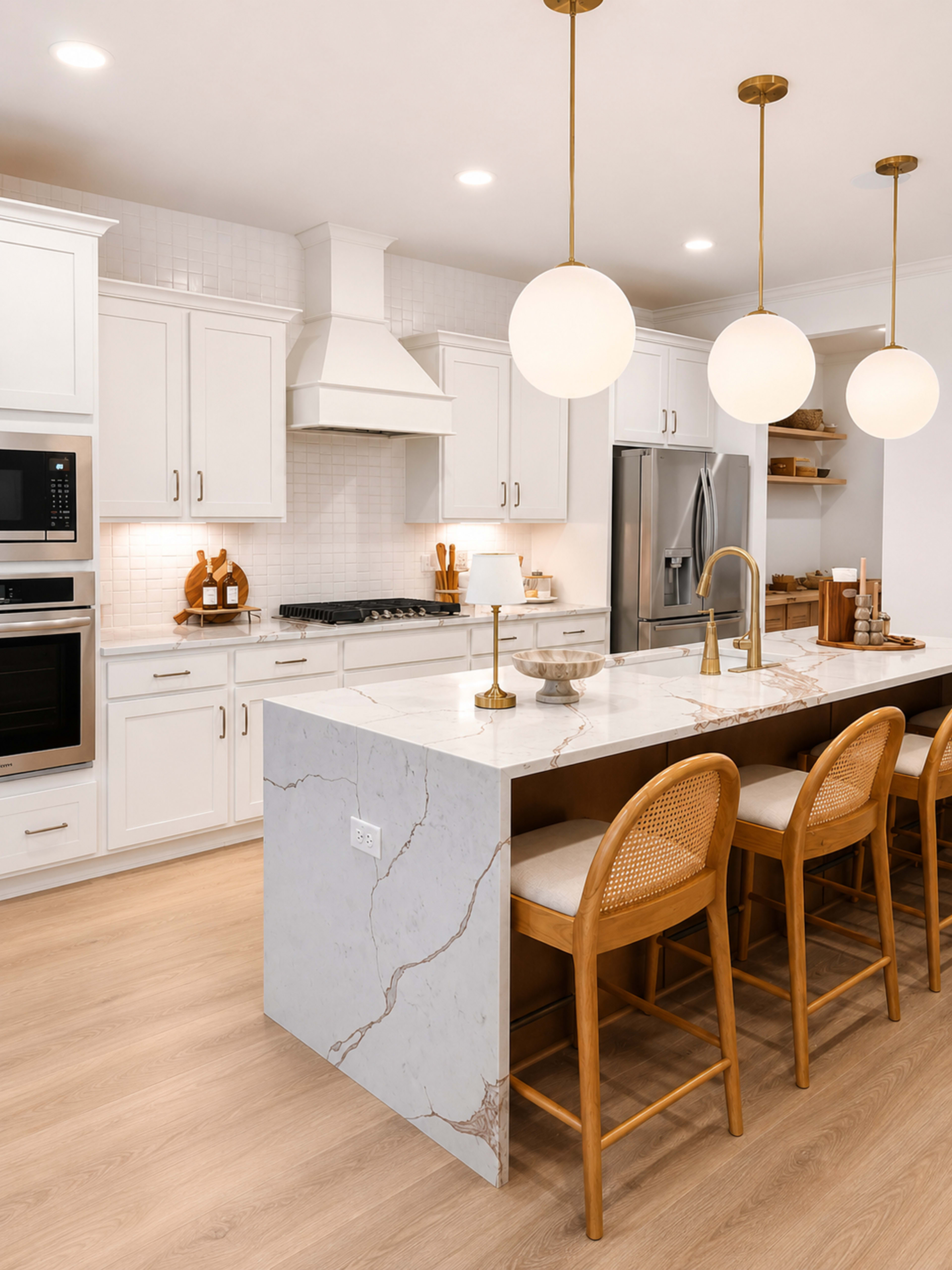 The kitchen features white cabinetry, a large marble-topped island with seating, and three round pendant lights hanging above.