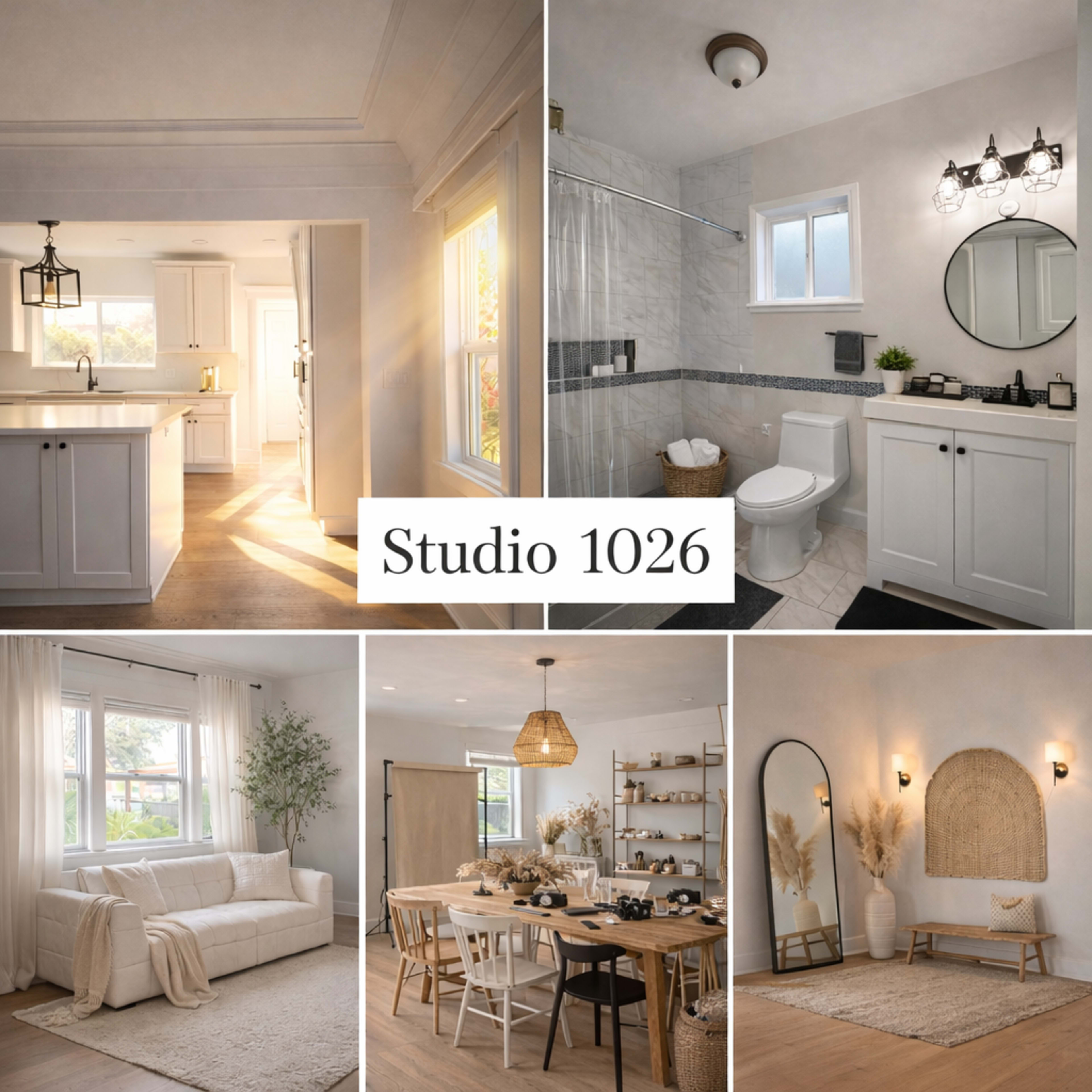 The image features a collage of a bright and modern studio apartment showcasing a kitchen, bathroom, living room, and dining area, all with stylish decor and natural light.