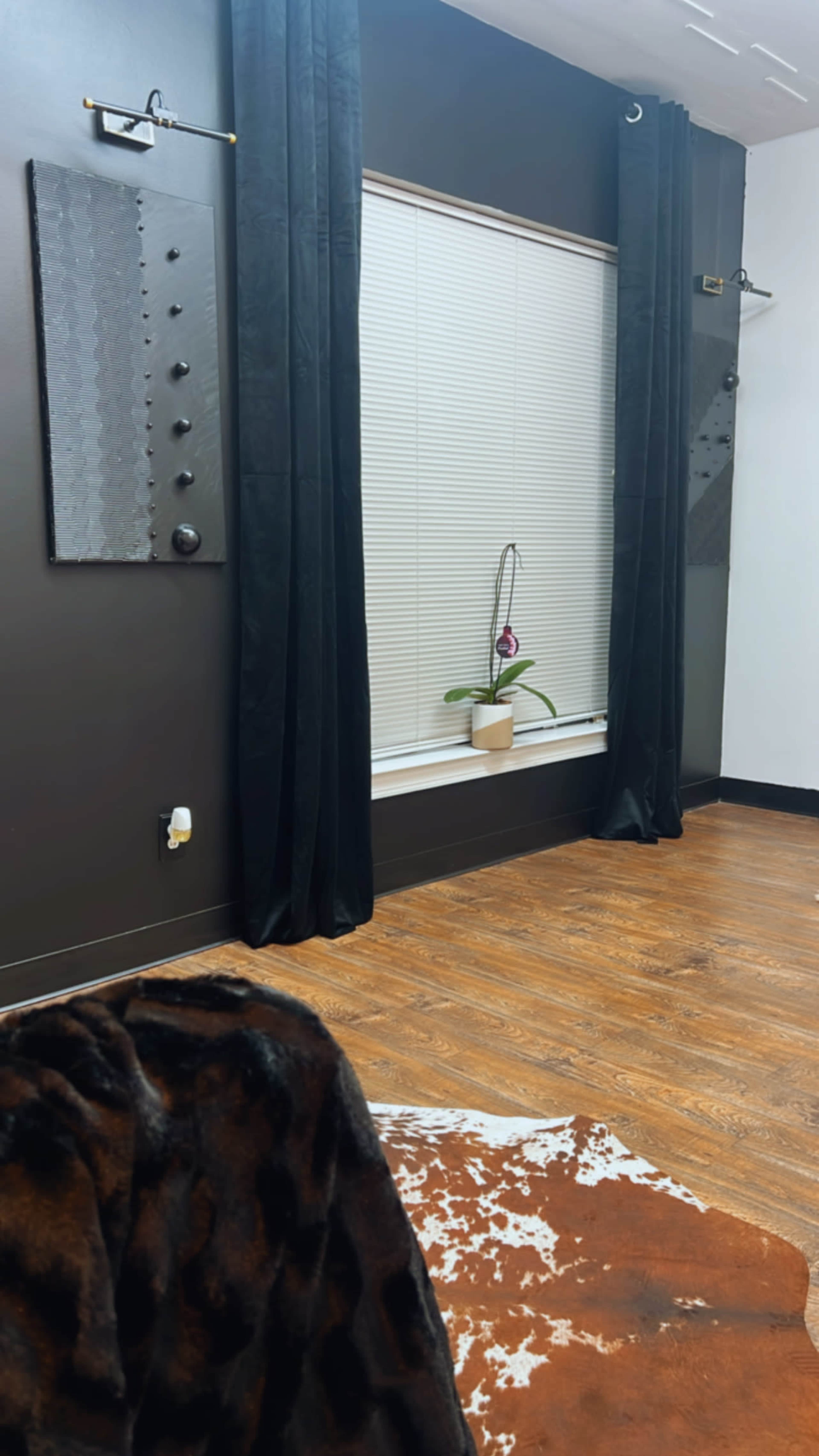 The image shows a room with wood flooring, black curtains, a potted orchid near a window, and textured wall decorations.