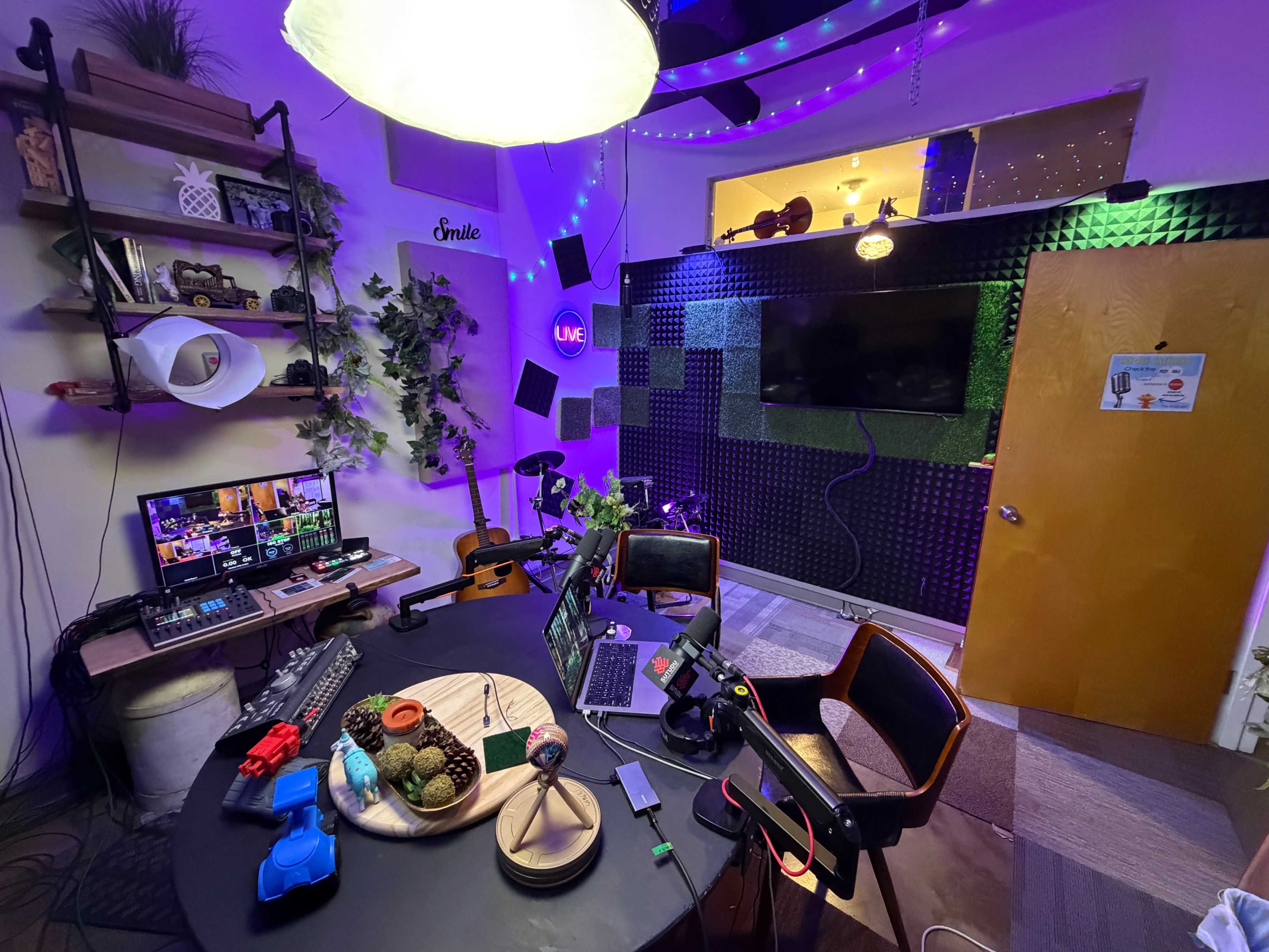 The image shows a room set up for live streaming, featuring a desk with multiple screens, plants, acoustic panels, and a large television on the wall.