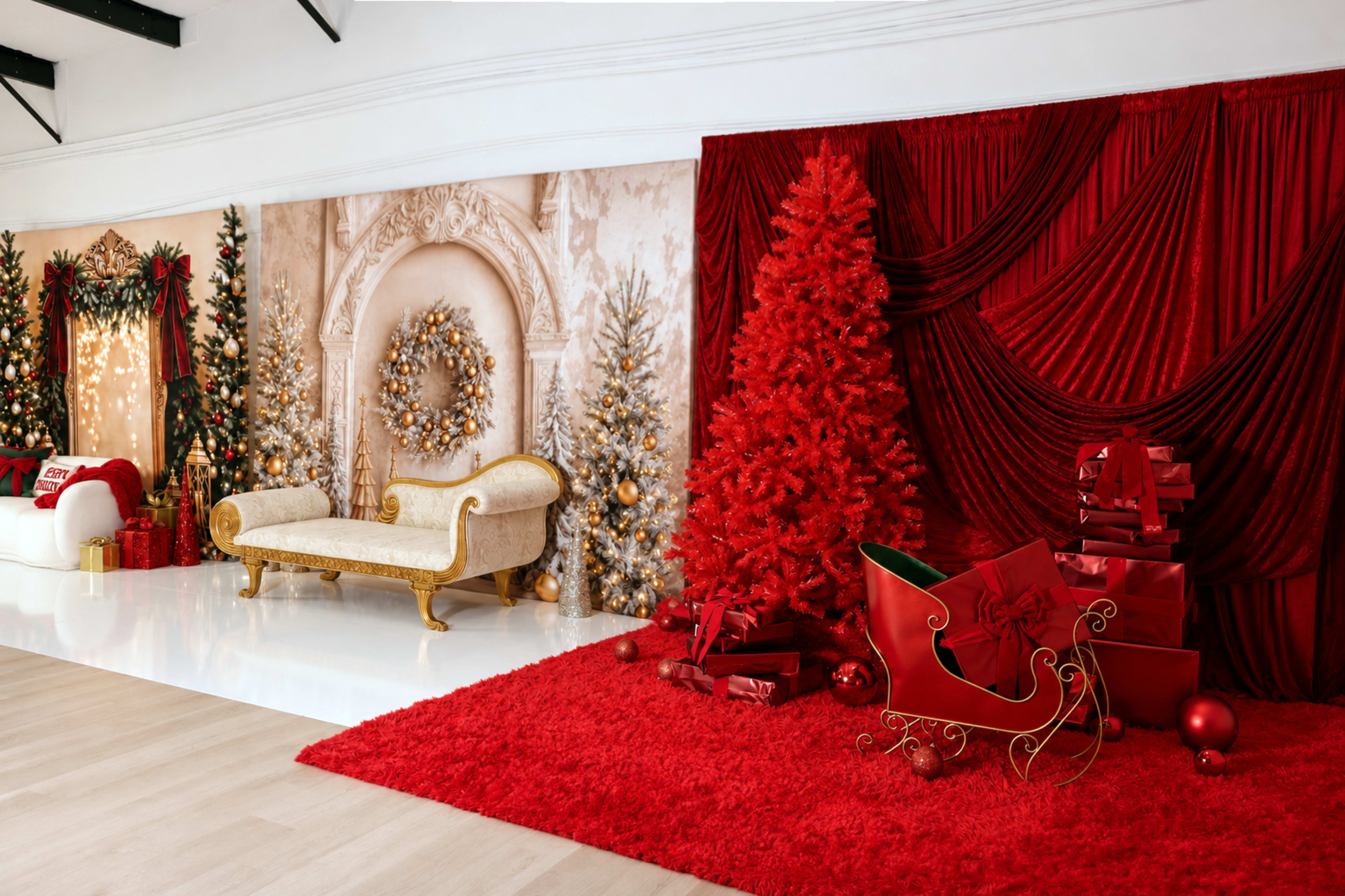 The image showcases a festive Christmas-themed room featuring a bright red tree, red curtains, decorative gifts, and holiday ornaments, all set against an elegant backdrop.