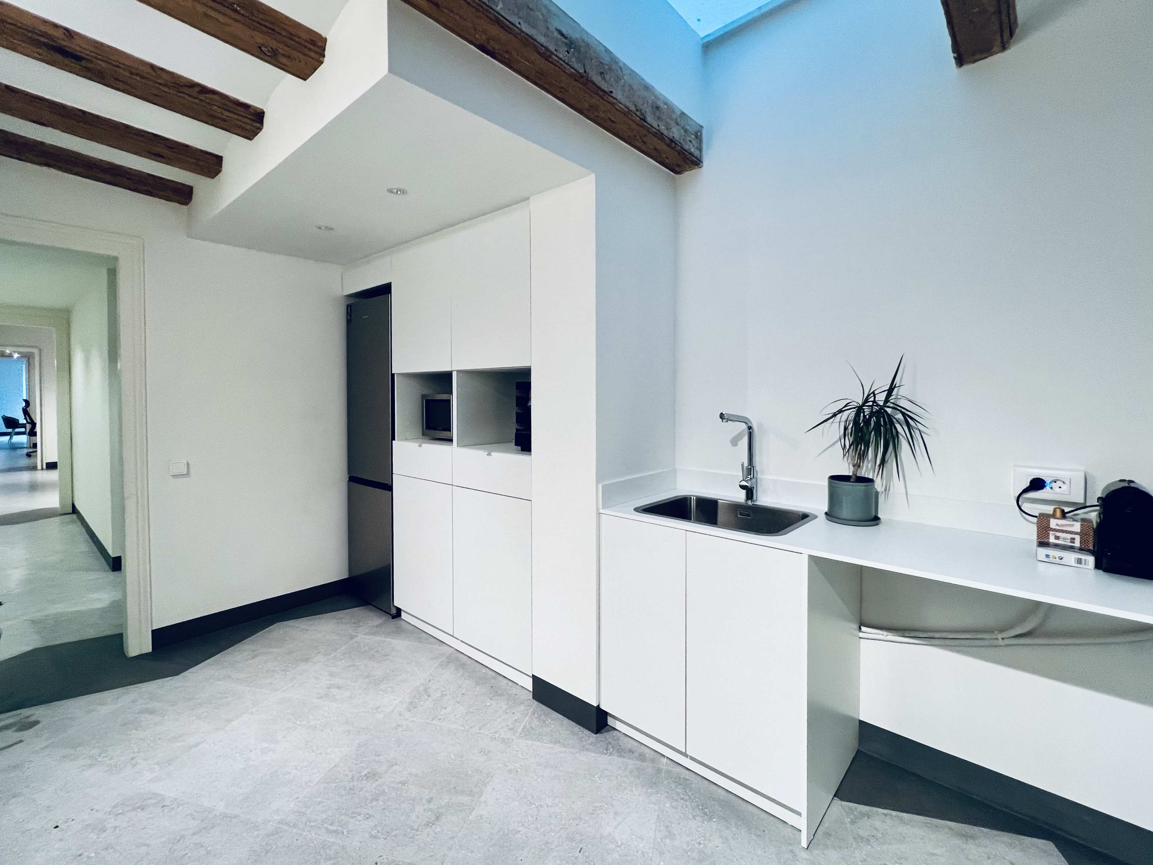 The image shows a modern kitchen area with white cabinetry, a sink, and a potted plant, featuring wooden beams on the ceiling and a large skylight.
