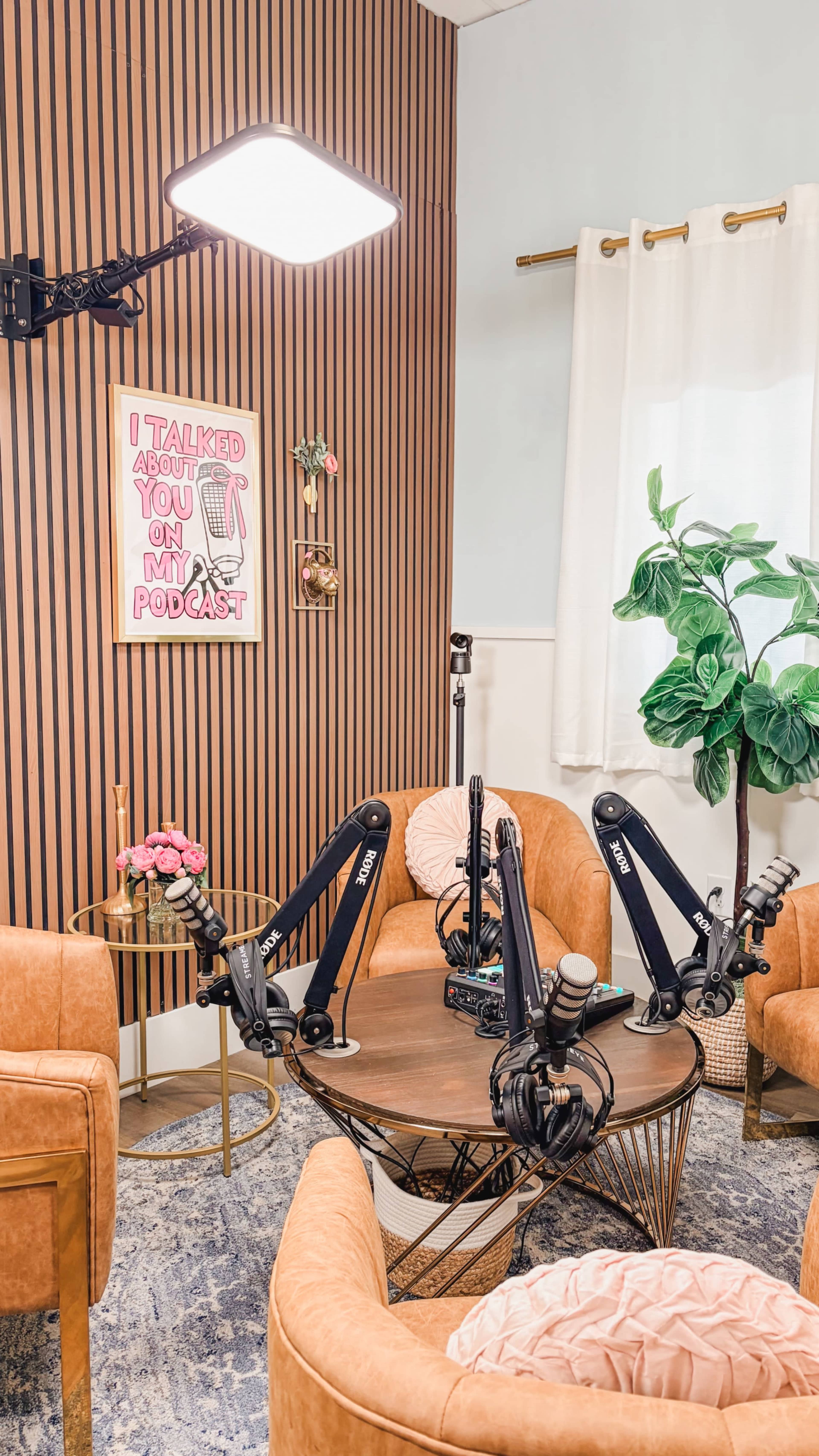 A cozy podcast studio features brown leather chairs, a round table with microphones, a decorative plant, and a playful wall art piece.