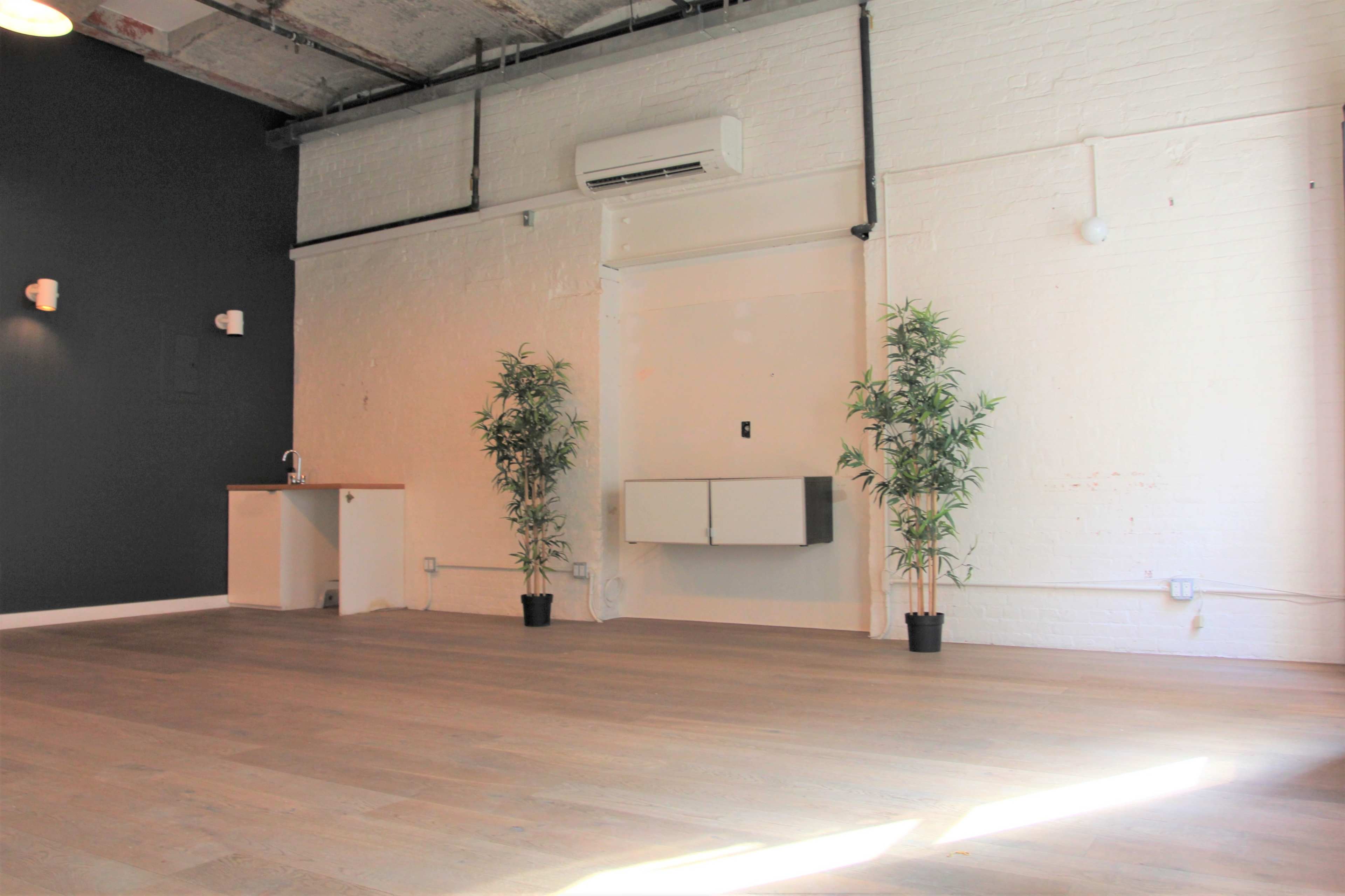 A spacious room with white brick walls, wooden flooring, and two potted plants, featuring a wall-mounted air conditioning unit and a small cabinet.