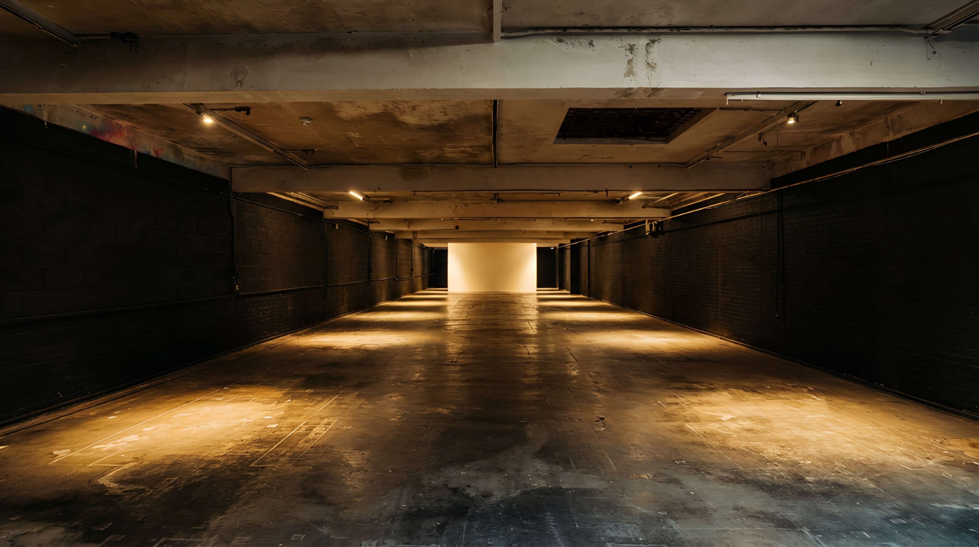 The image shows a long, empty industrial space with dim lighting and concrete walls, leading to a brightly lit area at the end.