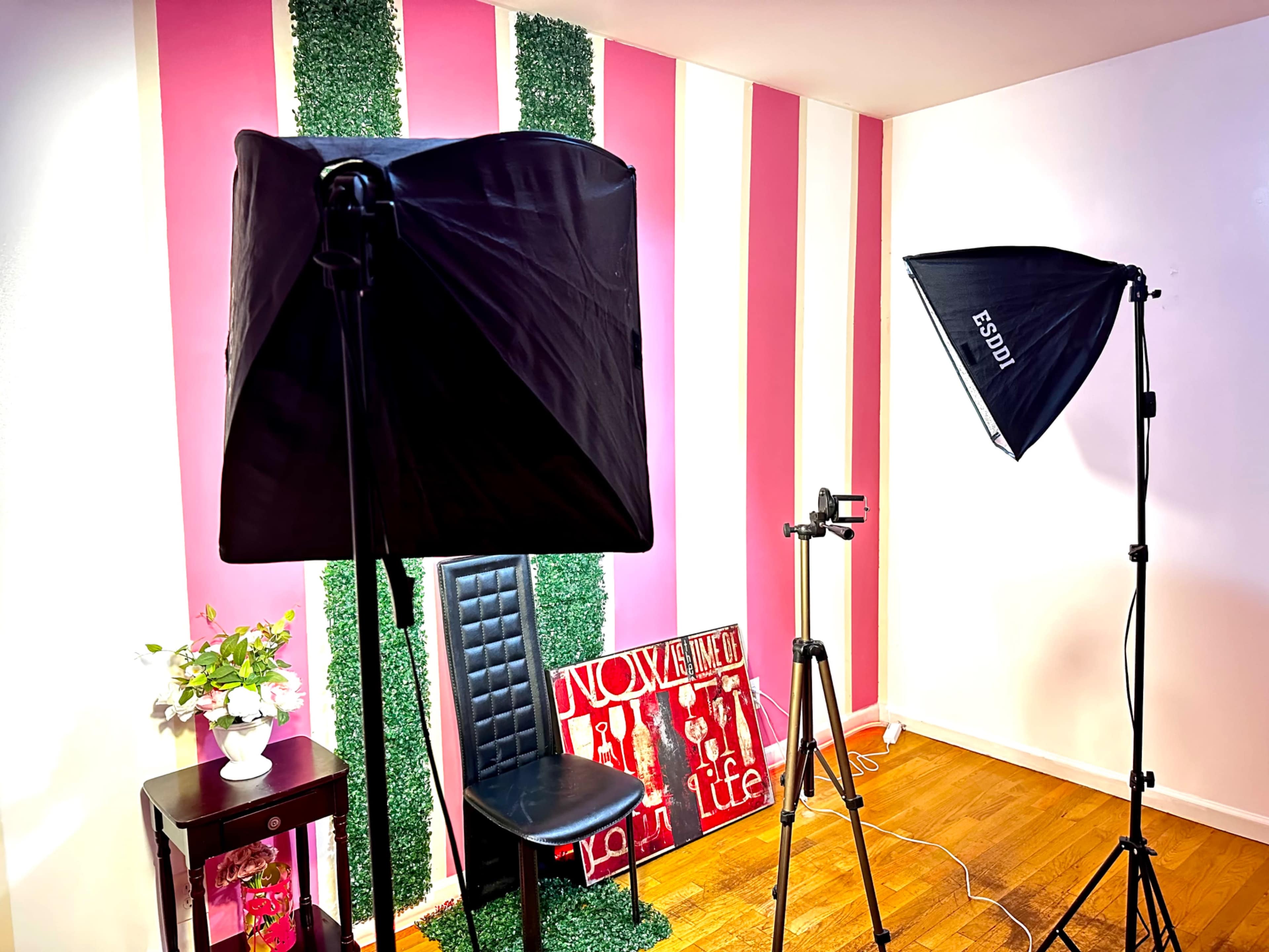 The image shows a photo studio setup featuring two softbox lights, a black chair, a small table with flowers, and a backdrop with pink and green striped walls.