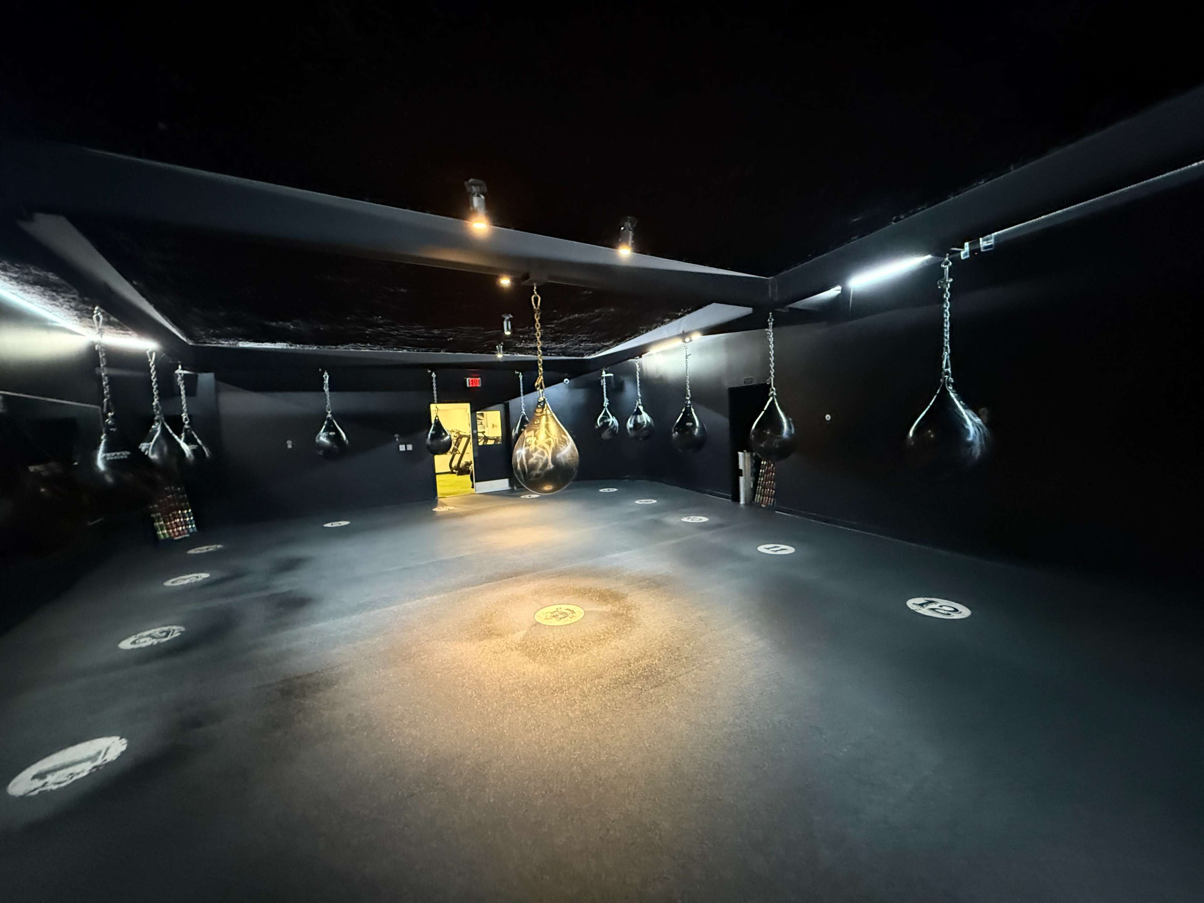 The image shows a dimly lit room with several hanging punching bags, a door leading outside, and a black rubber floor.