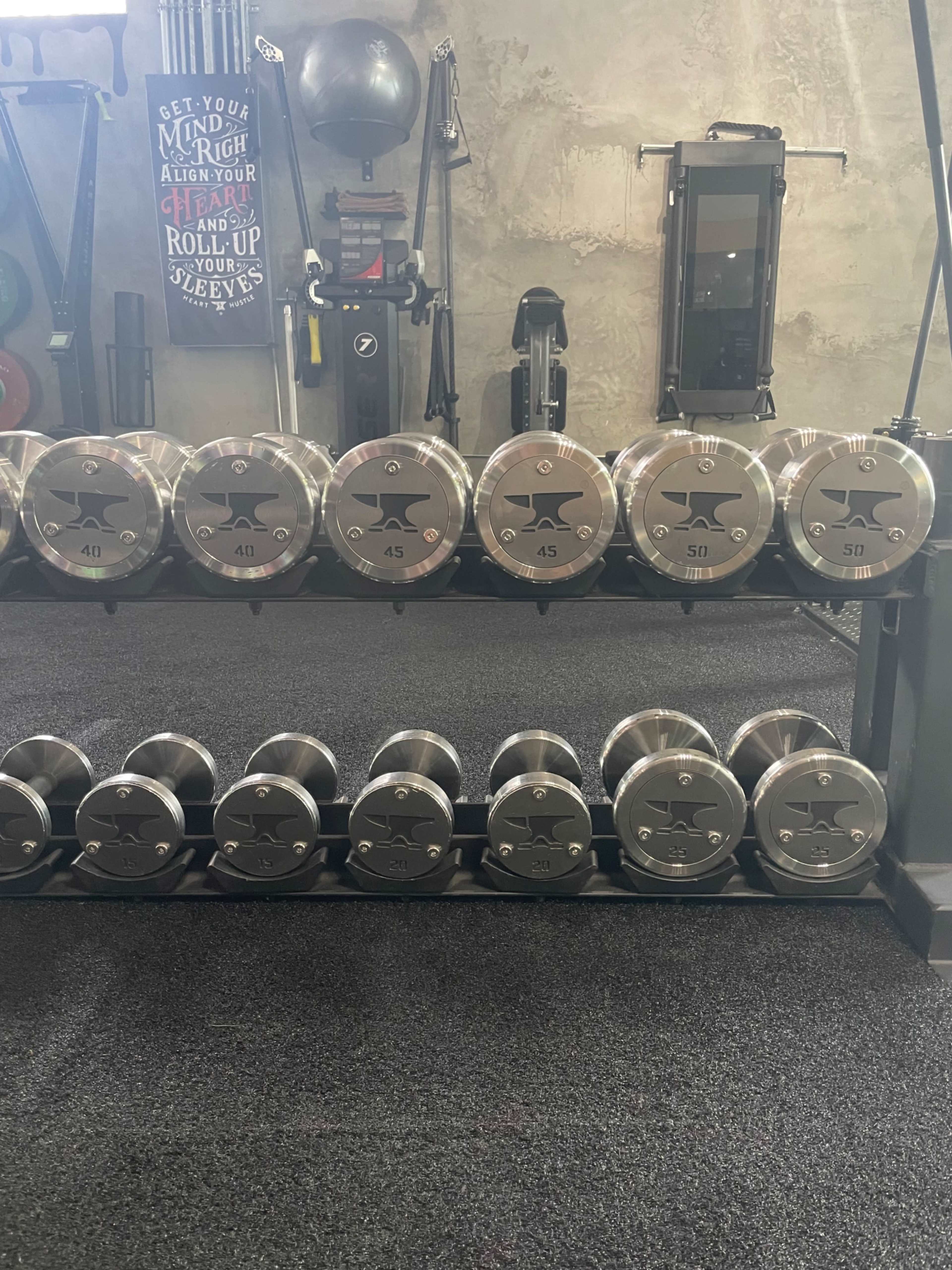 A rack of metal dumbbells arranged by weight, with numbers clearly labeled on each side, set against a gym backdrop.