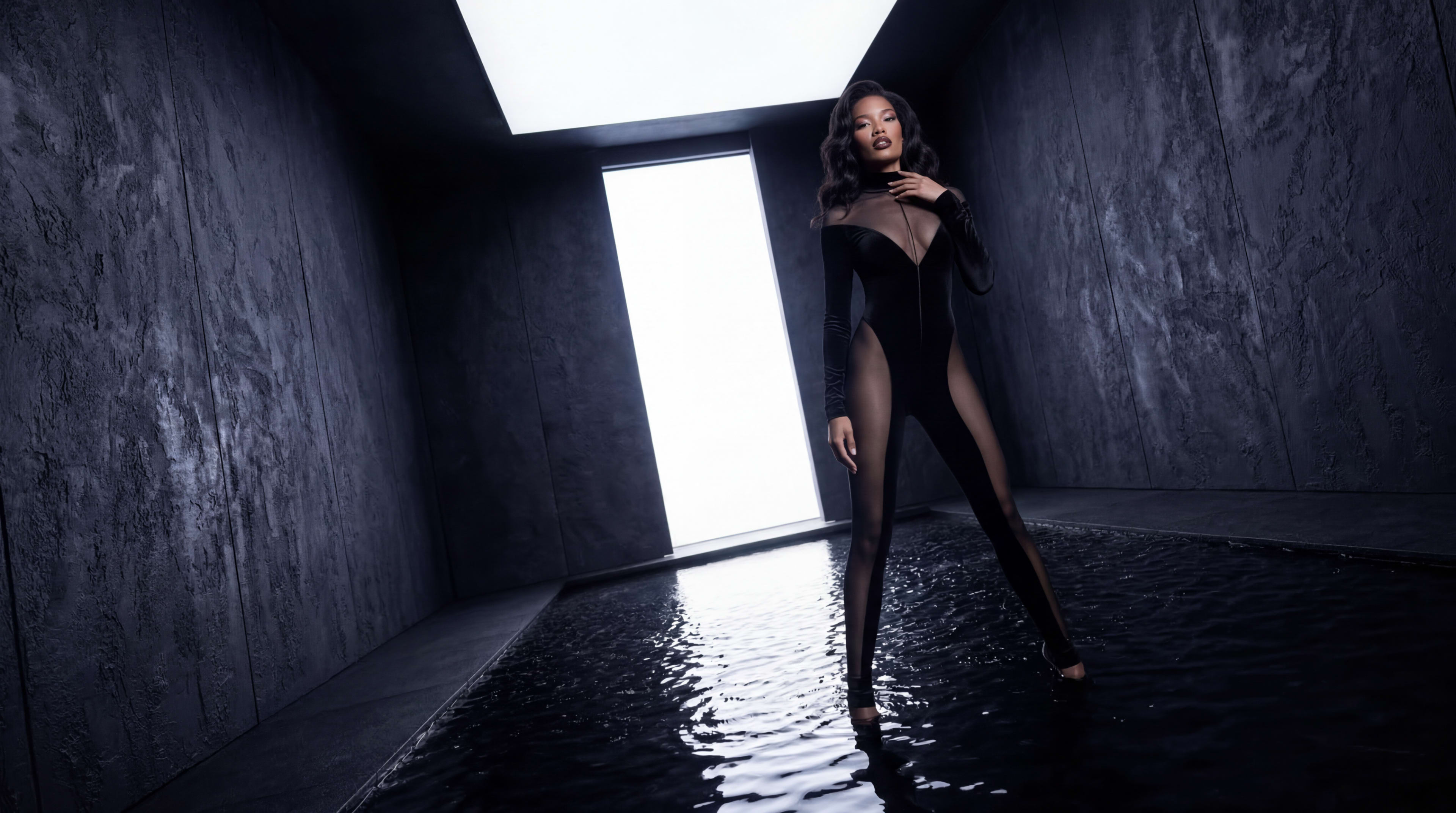 A model stands in a dark, minimalist room with a reflective surface, framed by a bright, rectangular opening above.