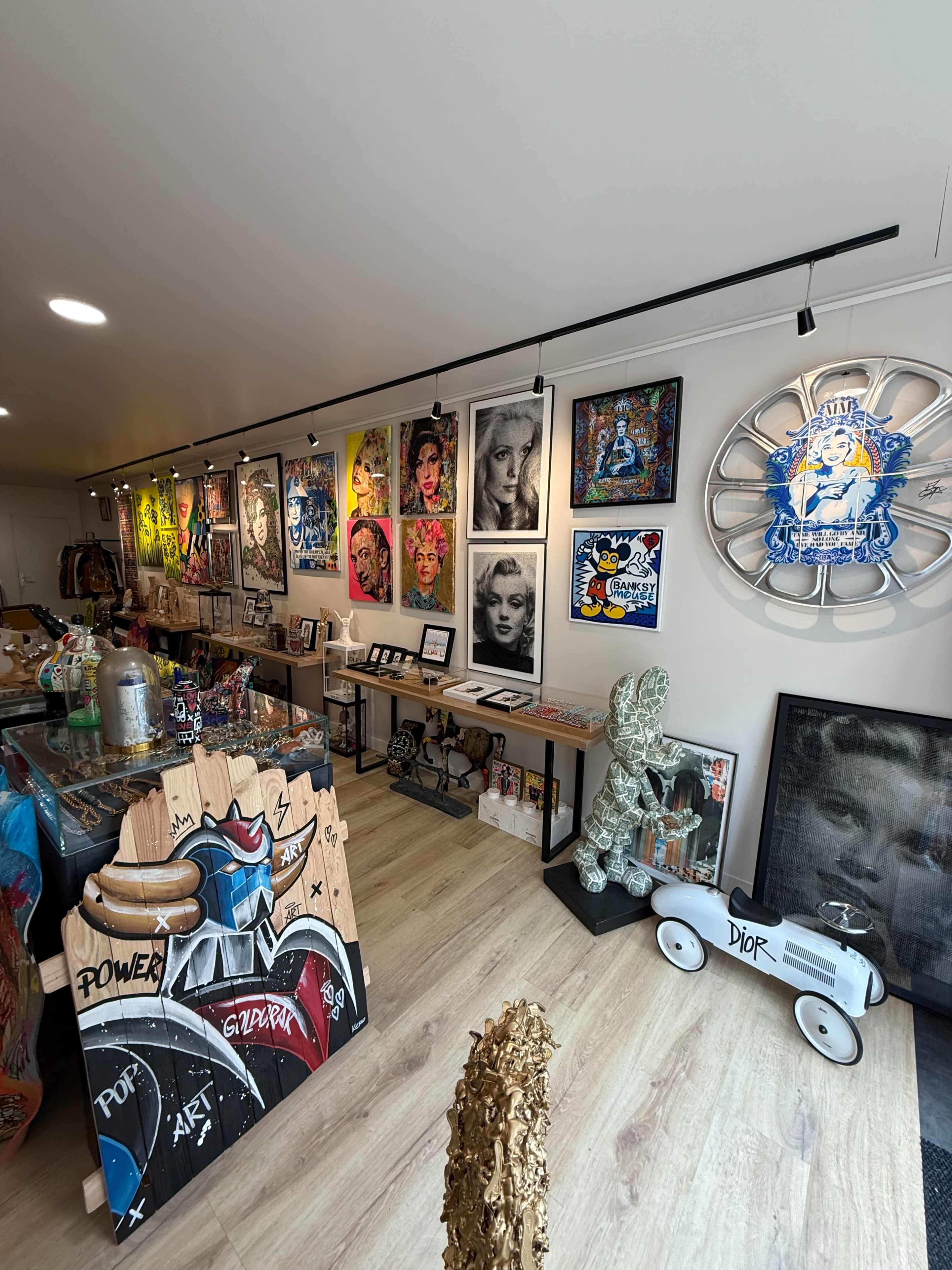 The image shows an interior space featuring various artworks, including paintings and sculptures, displayed on the walls and shelves of the room.