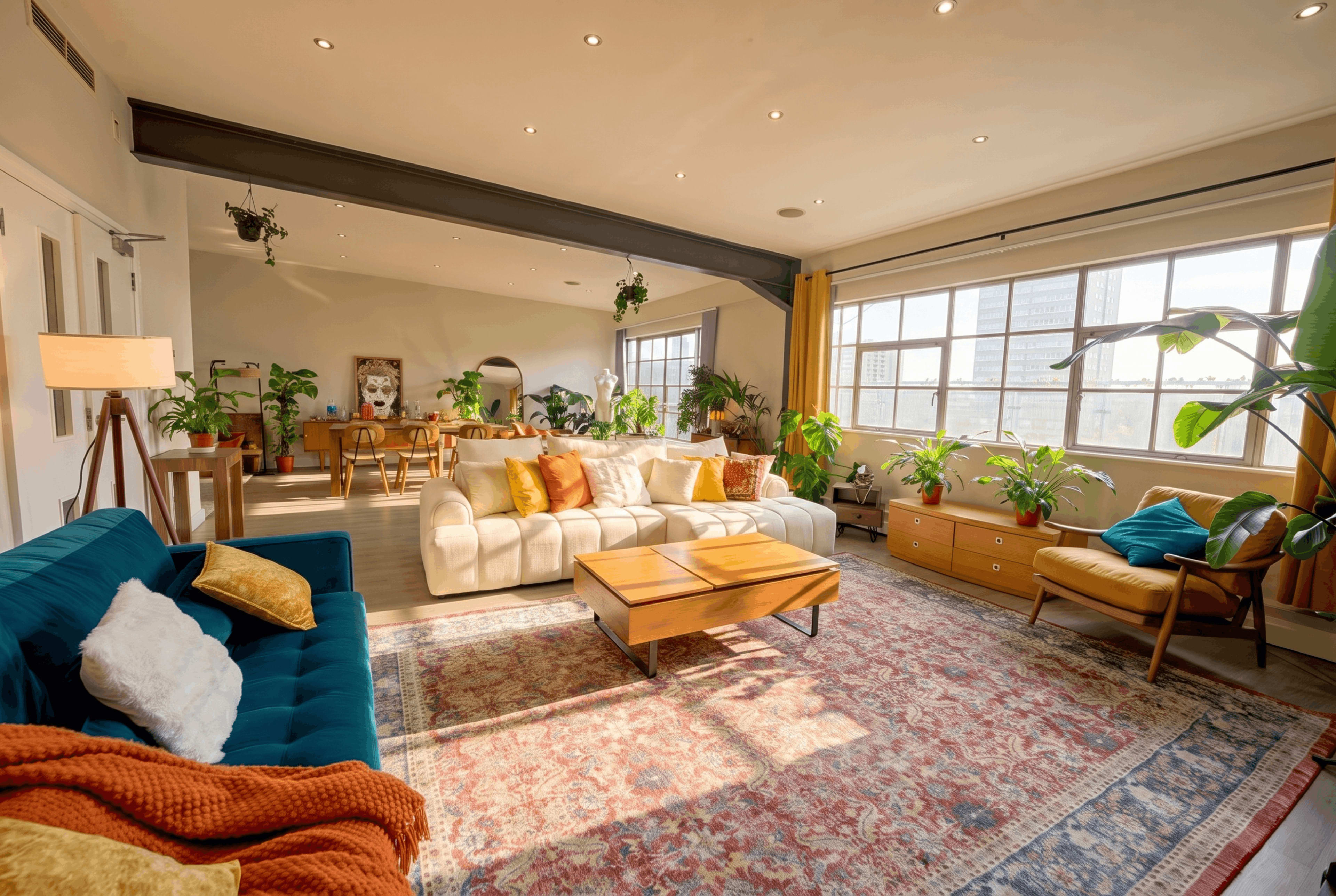 The spacious living area features a mix of modern furniture and houseplants, with large windows allowing natural light to fill the room.