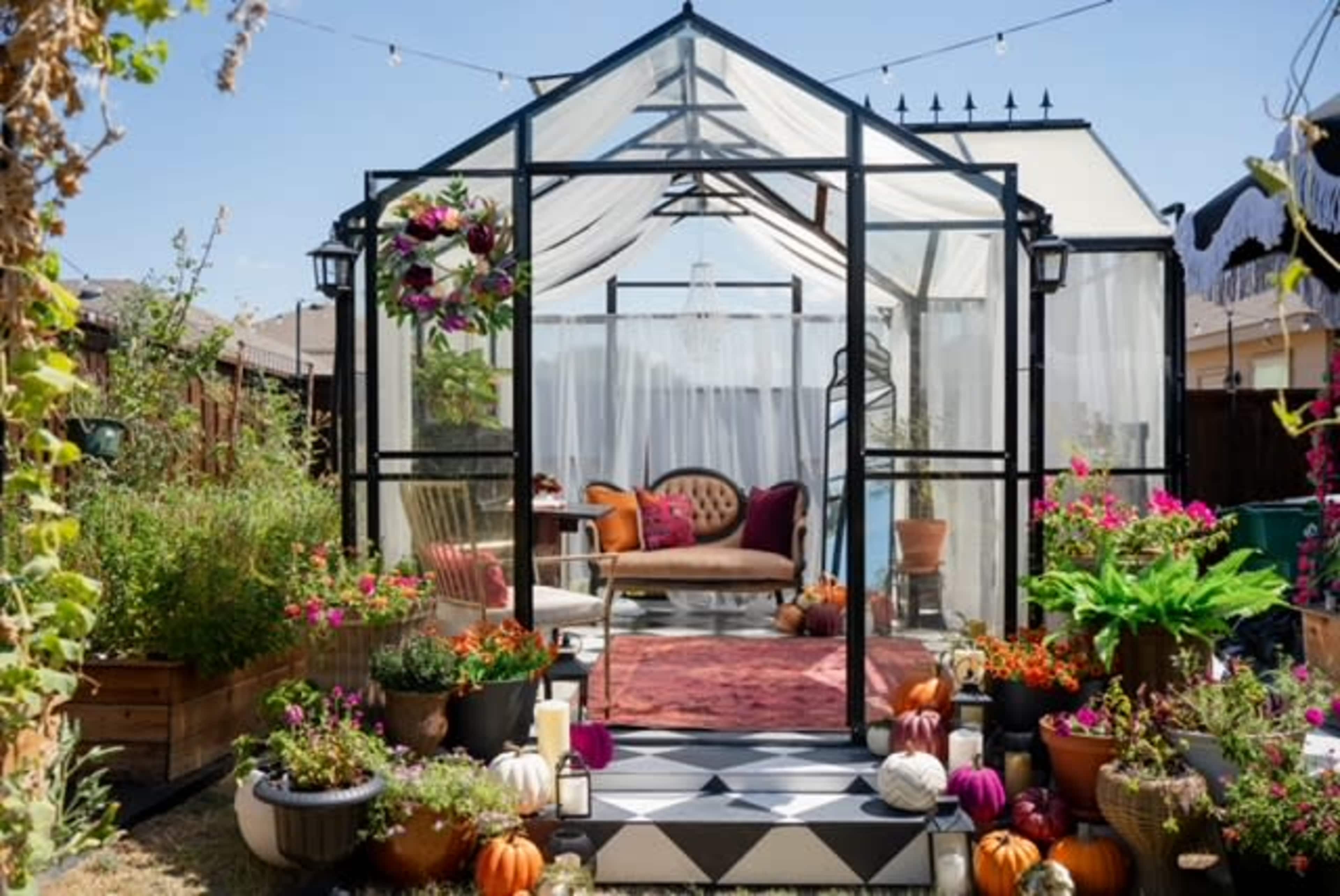 A glass greenhouse is surrounded by colorful potted plants and seasonal decorations, featuring a seating area inside.