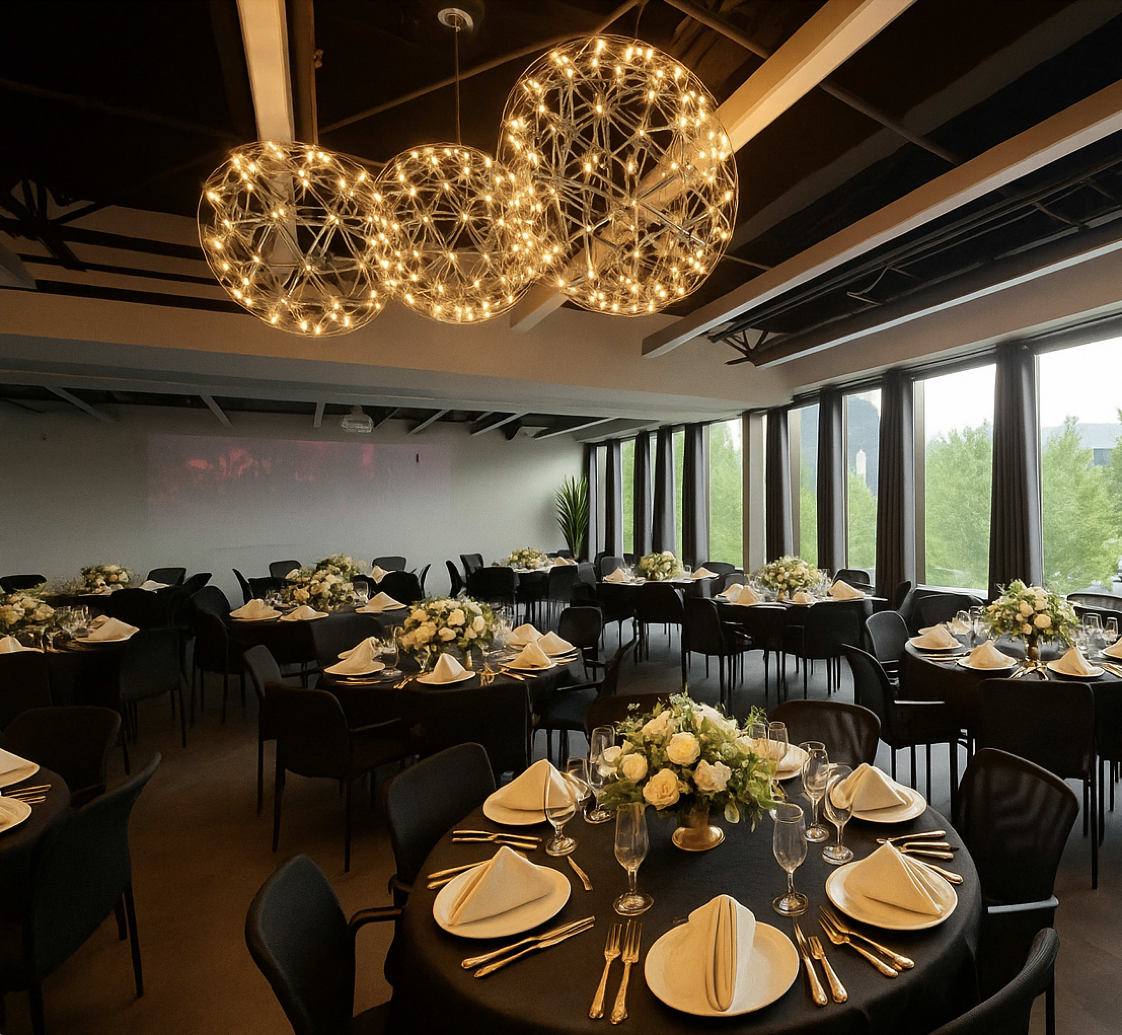 A modern dining room features round tables set with white tablecloths, elegant centerpieces, and stylish lighting fixtures.