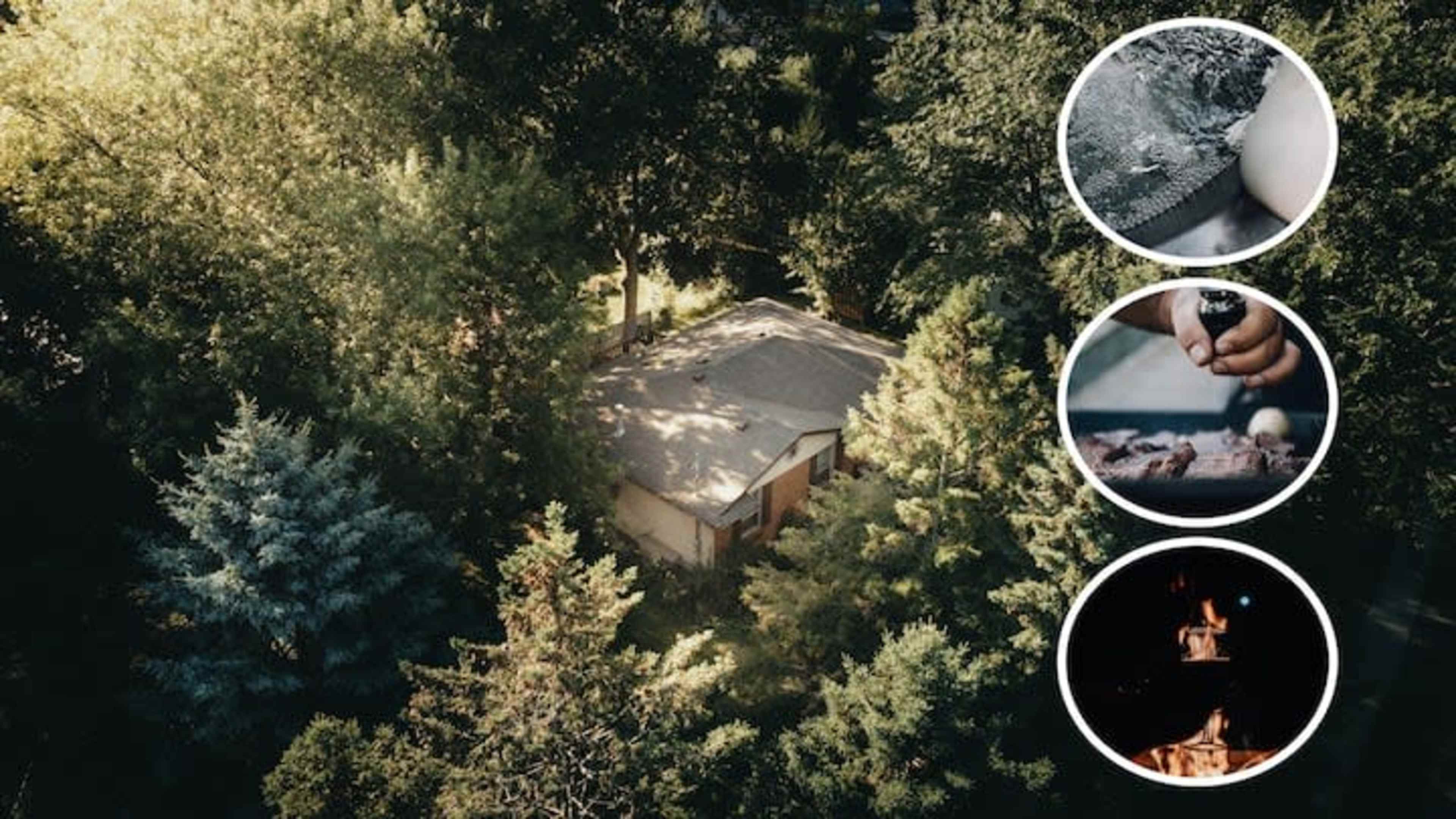 An aerial view shows a small house surrounded by dense trees, accompanied by three circular images depicting various activities or elements related to cooking or outdoor fires.