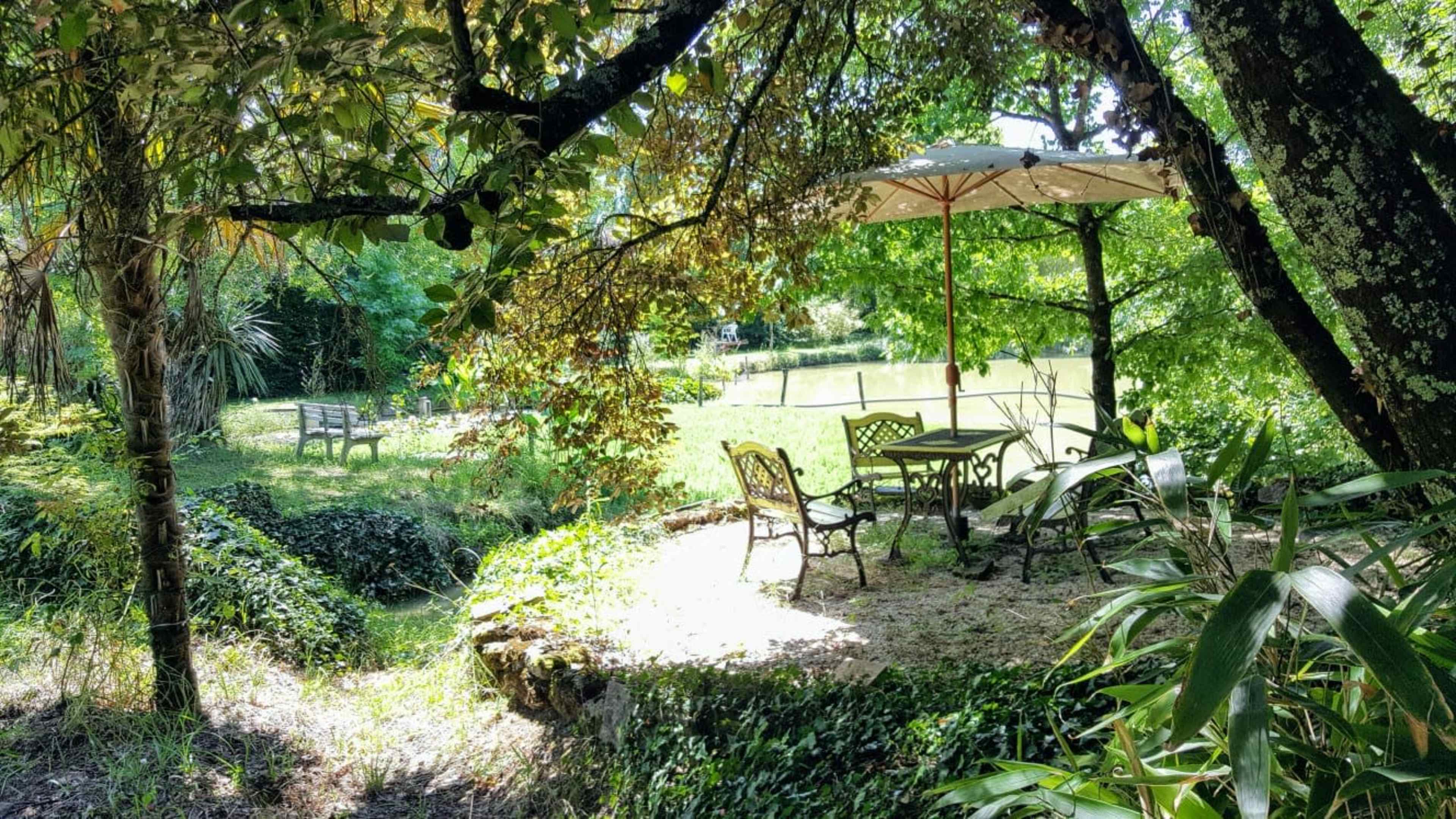 A small outdoor seating area with a table and chairs is shaded by a large umbrella, surrounded by lush greenery and trees.