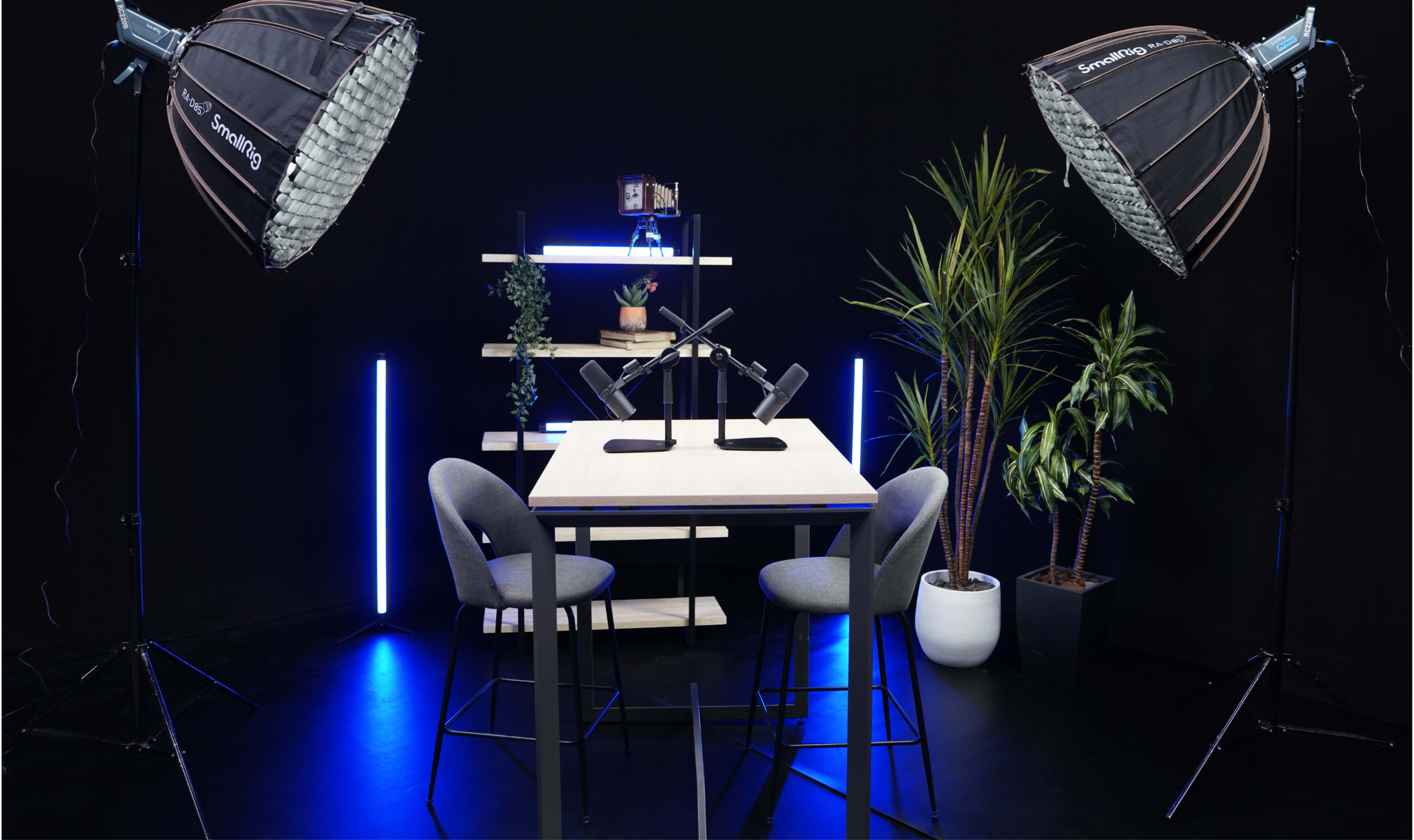 The image shows a podcast or video recording setup with a table, two chairs, and lighting equipment, surrounded by decorative plants on a black background.