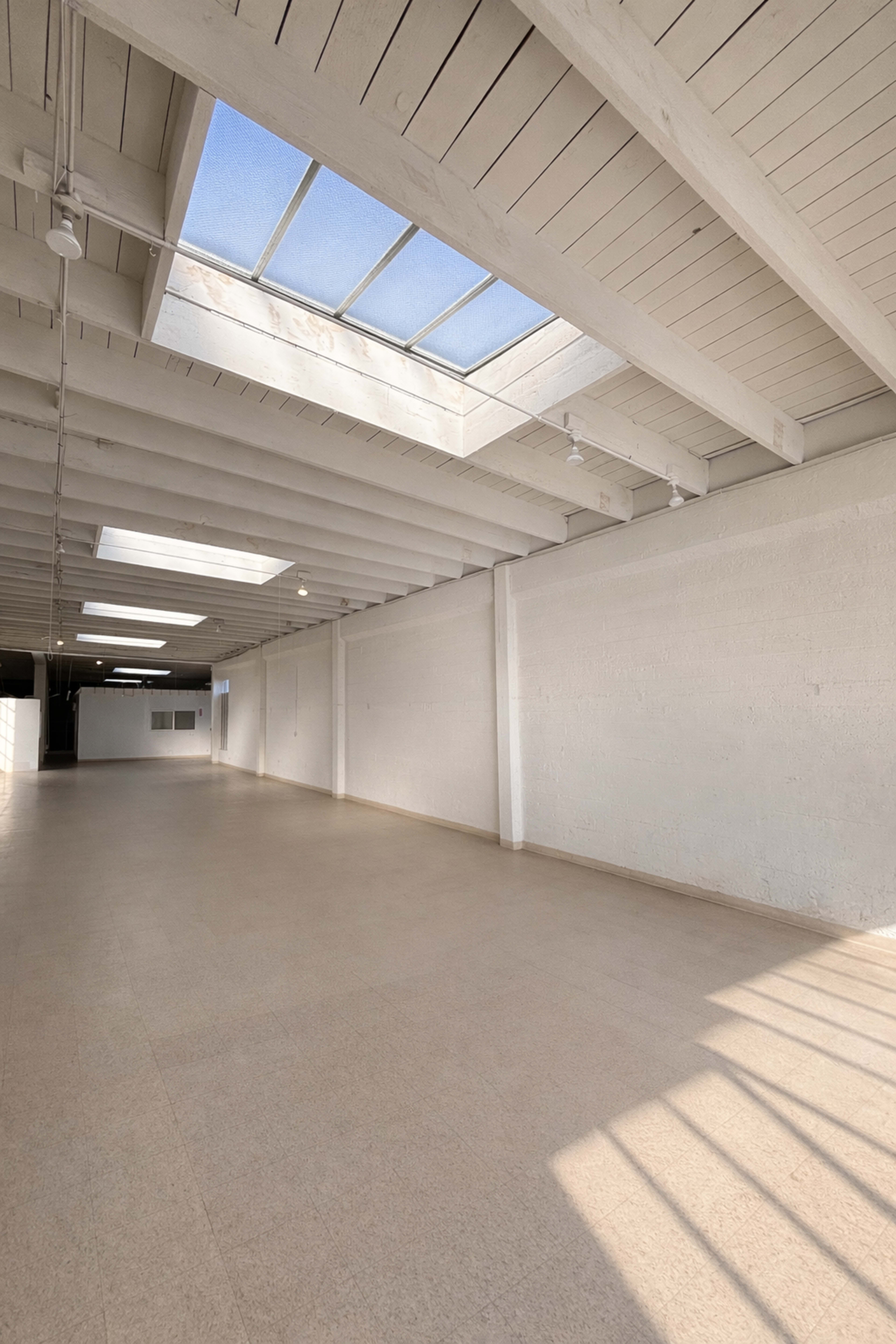 The image shows a spacious, empty room with a white ceiling, skylights, and light-colored flooring.