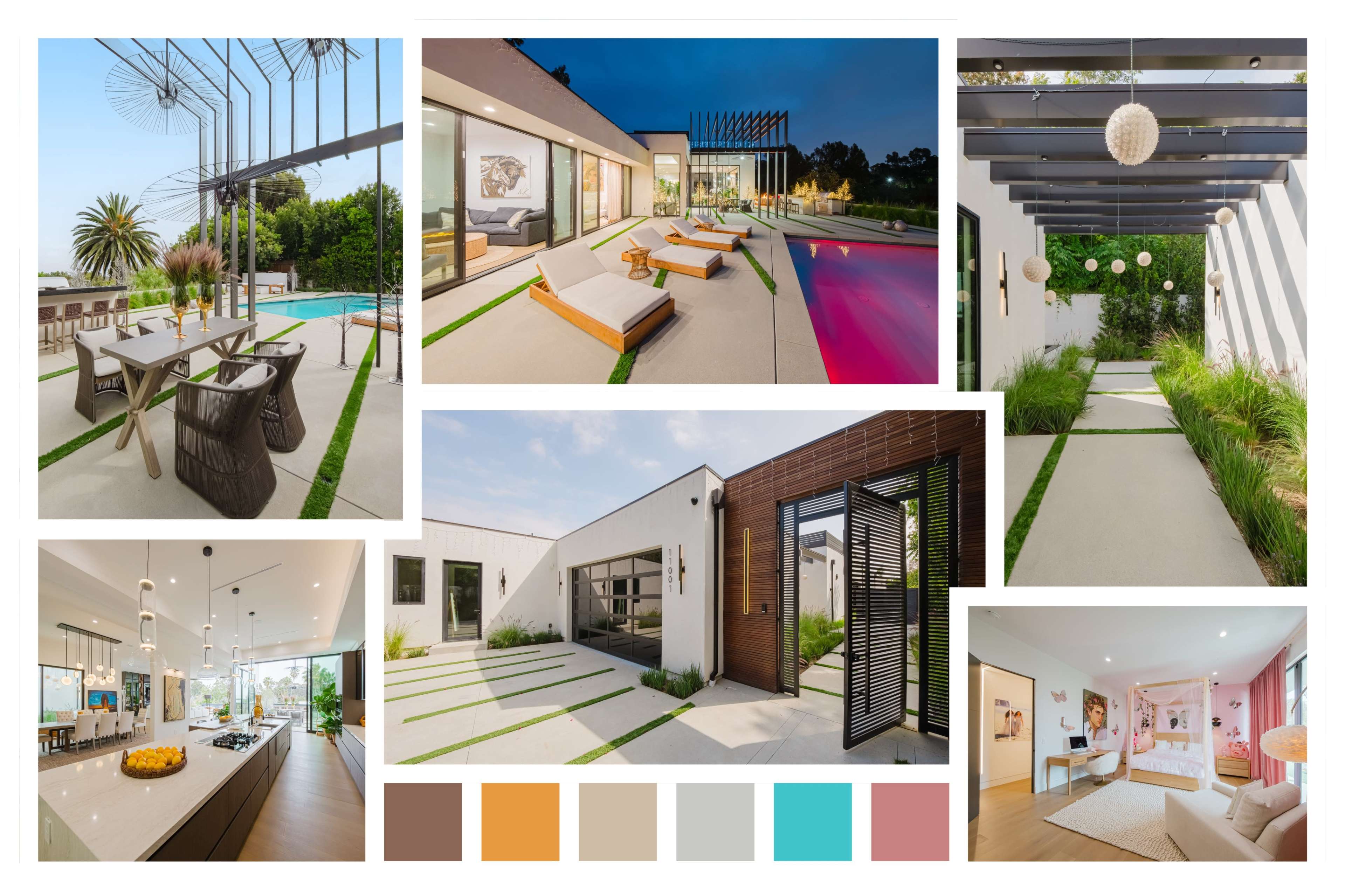 A modern outdoor space featuring a pool area, lounge seating, and a landscaped pathway, complemented by contemporary design elements in various interior and exterior settings.