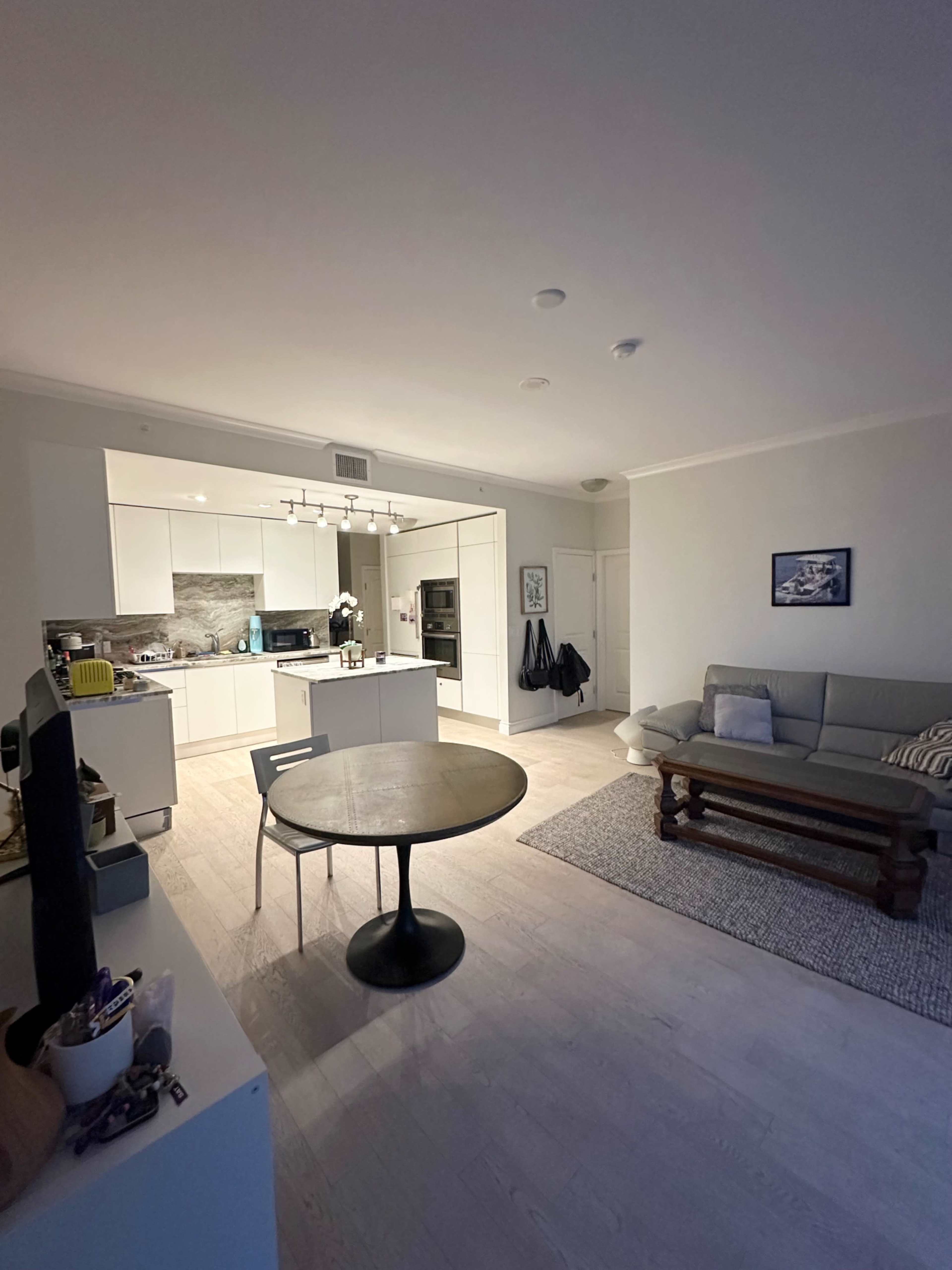 The image shows a modern, well-lit living space featuring a kitchen with white cabinetry, a round dining table, and a gray sofa in a comfortably furnished room.