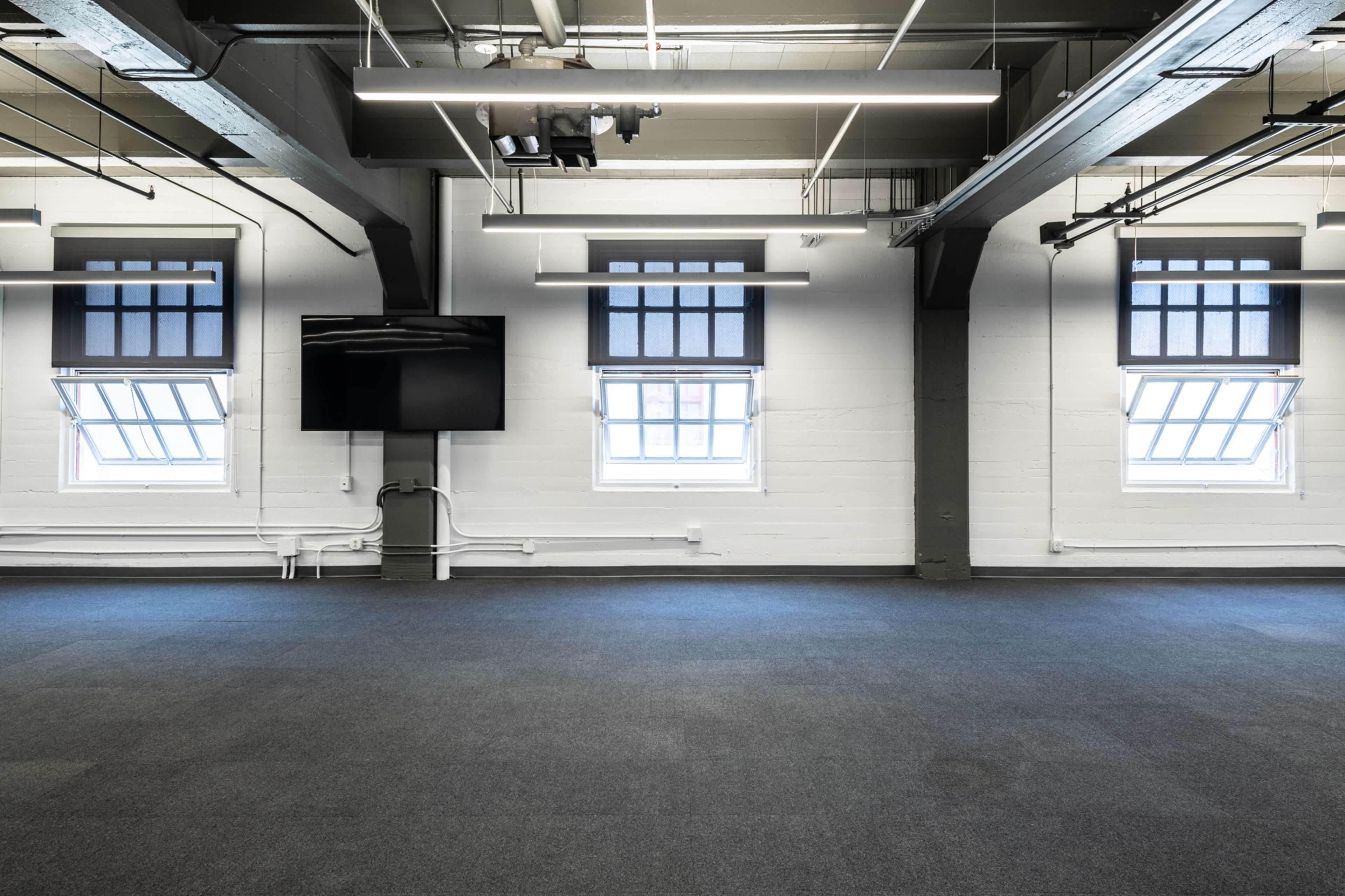 An empty room with grey carpet, two large windows on one wall, and a flat-screen TV mounted on an adjacent wall.