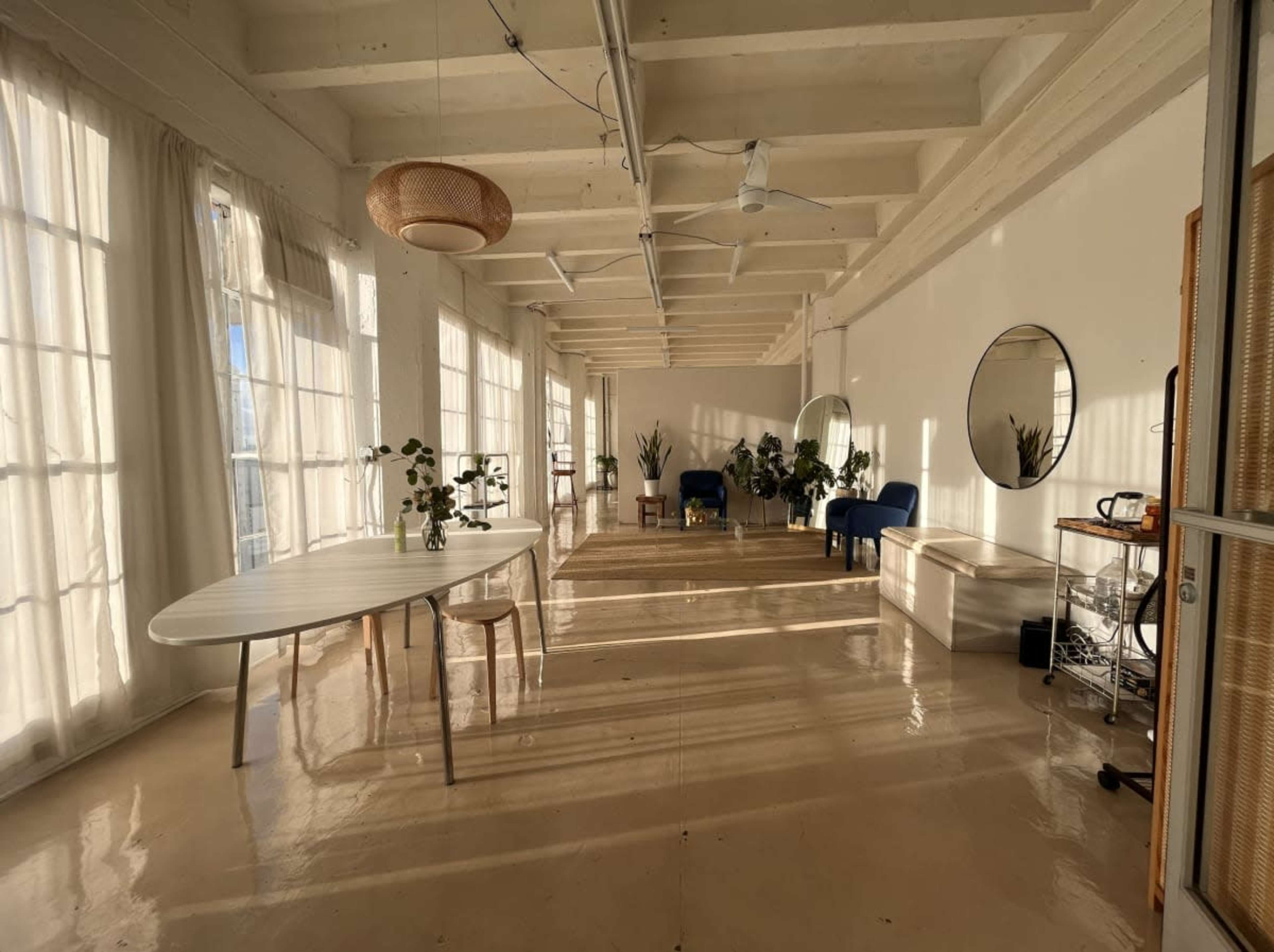 The image shows a spacious and well-lit room with large windows, modern furniture, and plants arranged throughout.