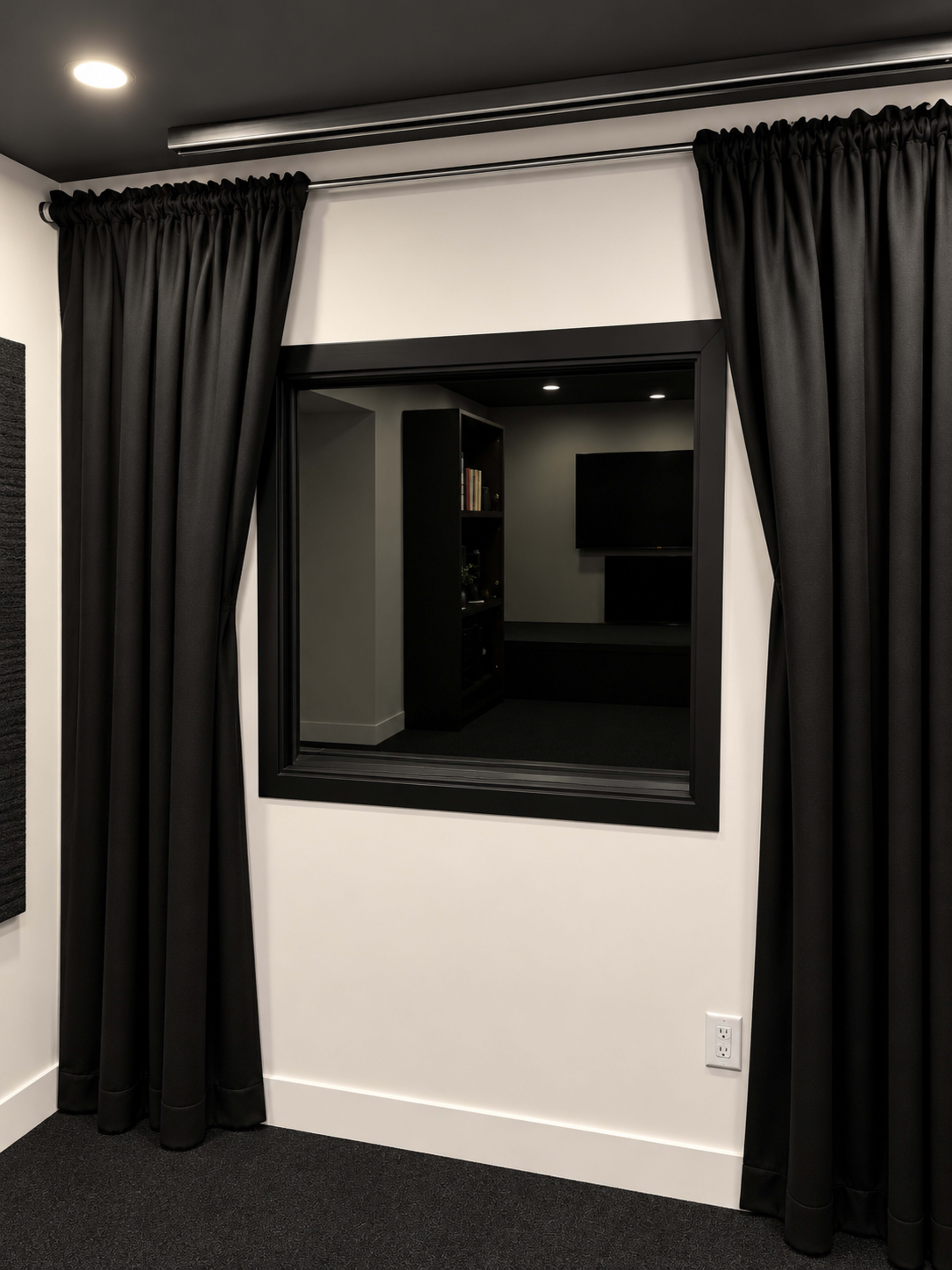 The image shows a room divided by a large window framed in black, with black curtains on either side, and a dark interior visible through the glass.