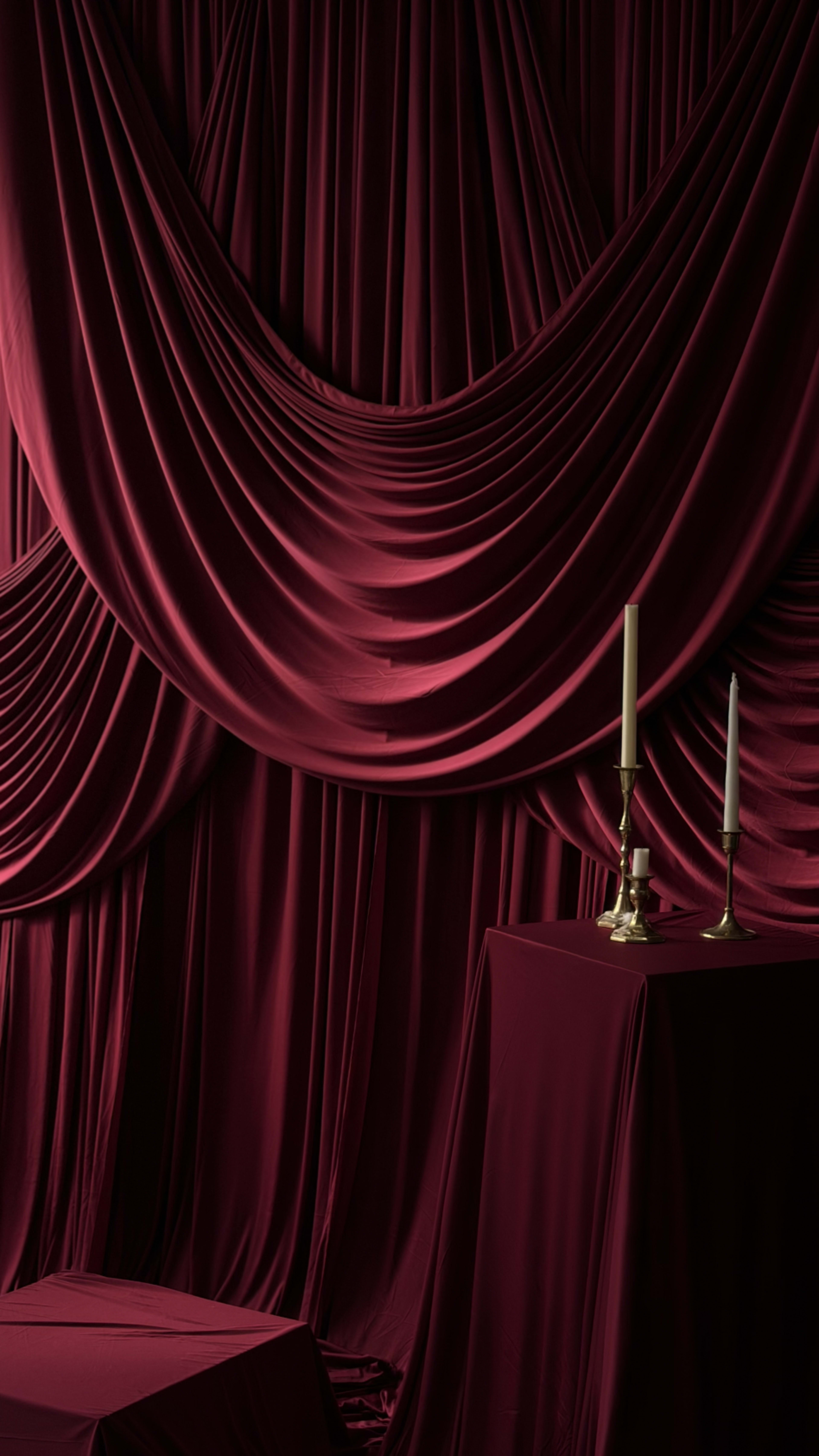 The image features rich burgundy drapery arranged in elegant folds, with two candles on a matching table.