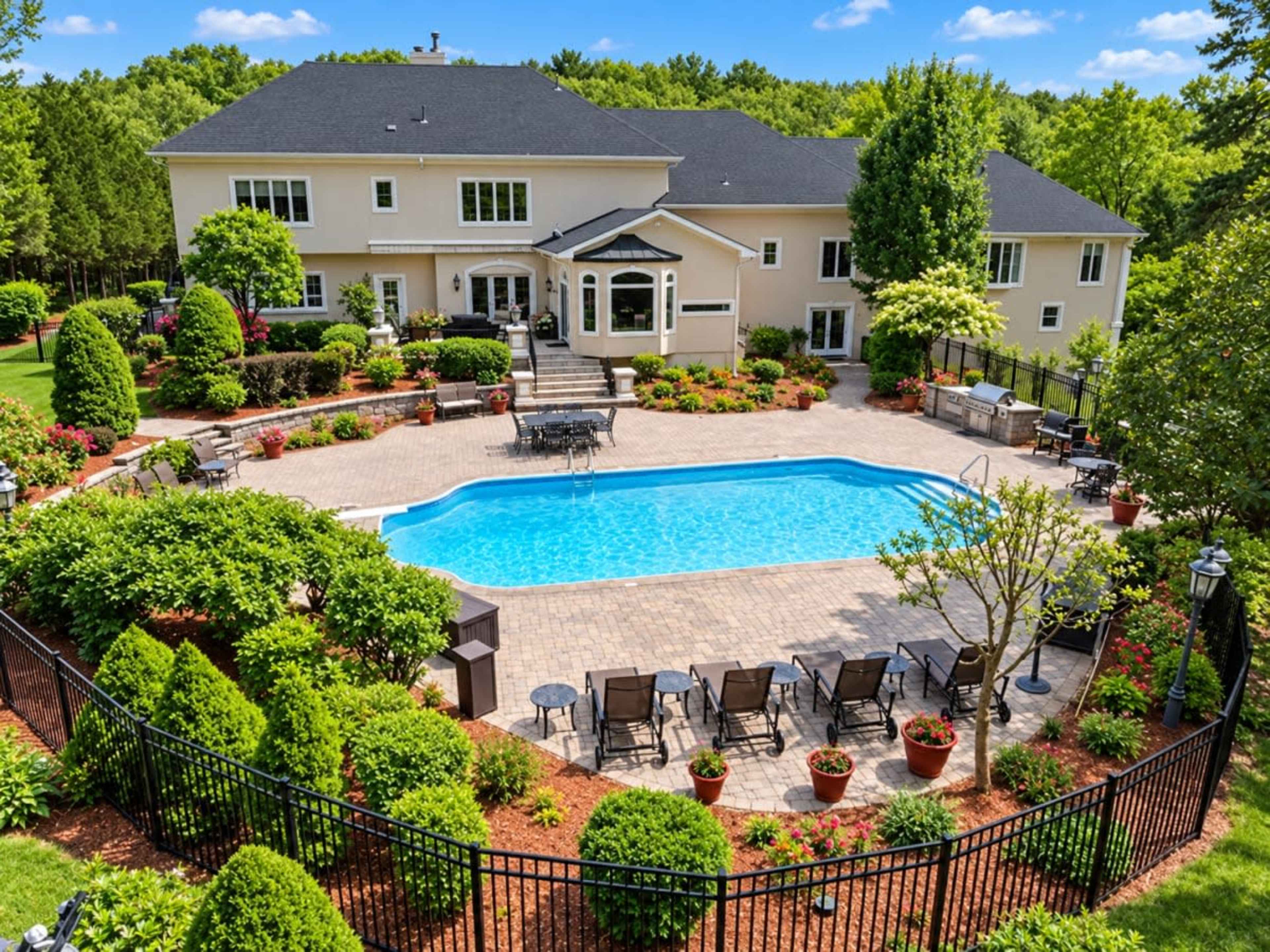 The image shows an expansive backyard featuring a rectangular swimming pool surrounded by landscaped gardens, lounge chairs, and a two-story house in the background.