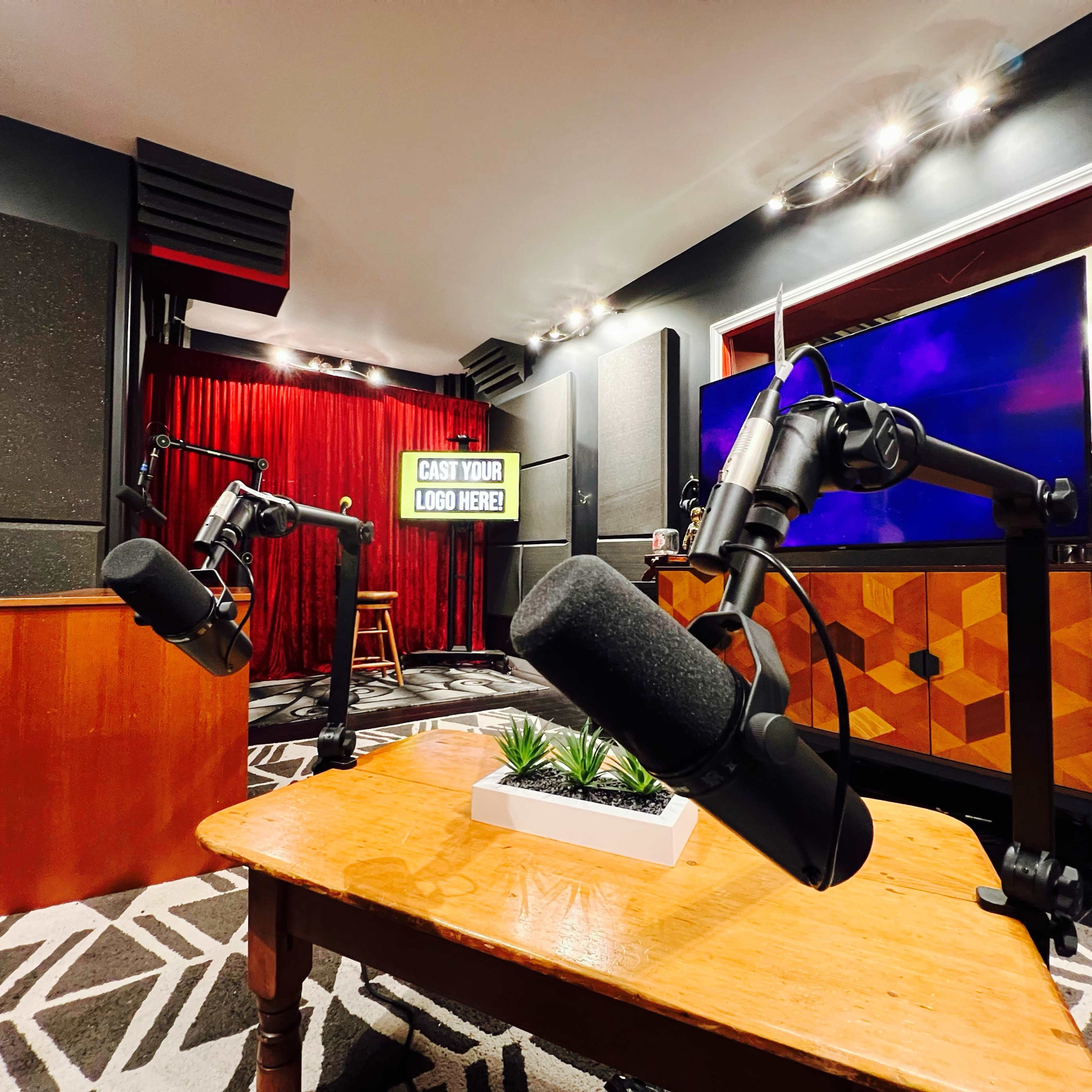 A recording studio features two microphones on adjustable arms, a wooden table with a plant arrangement, and a backdrop with a sign for logo placement.