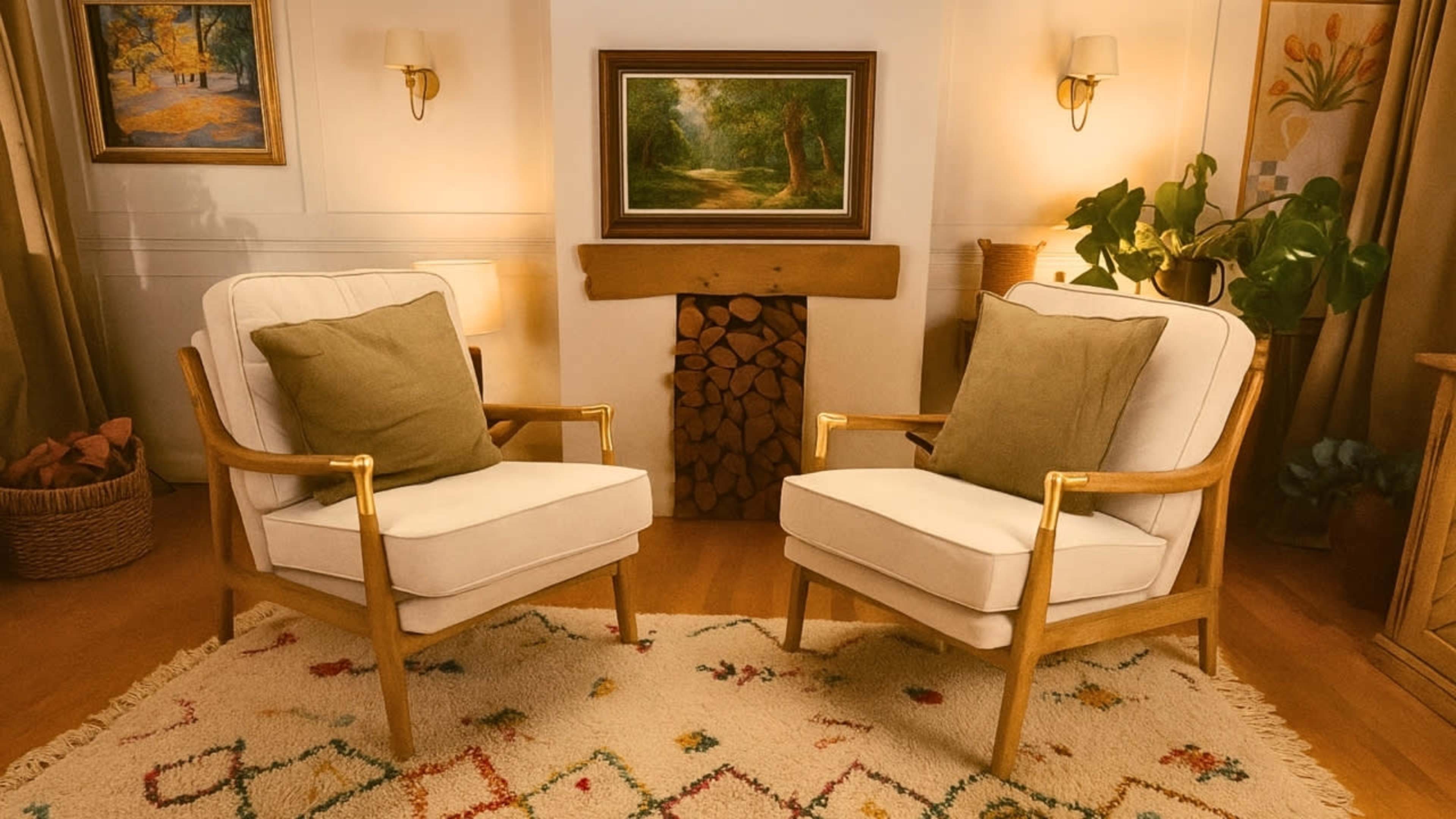 The image depicts a cozy living room with two white armchairs featuring wooden frames and green pillows, positioned on a patterned rug in front of a decorative fireplace with stacked logs.