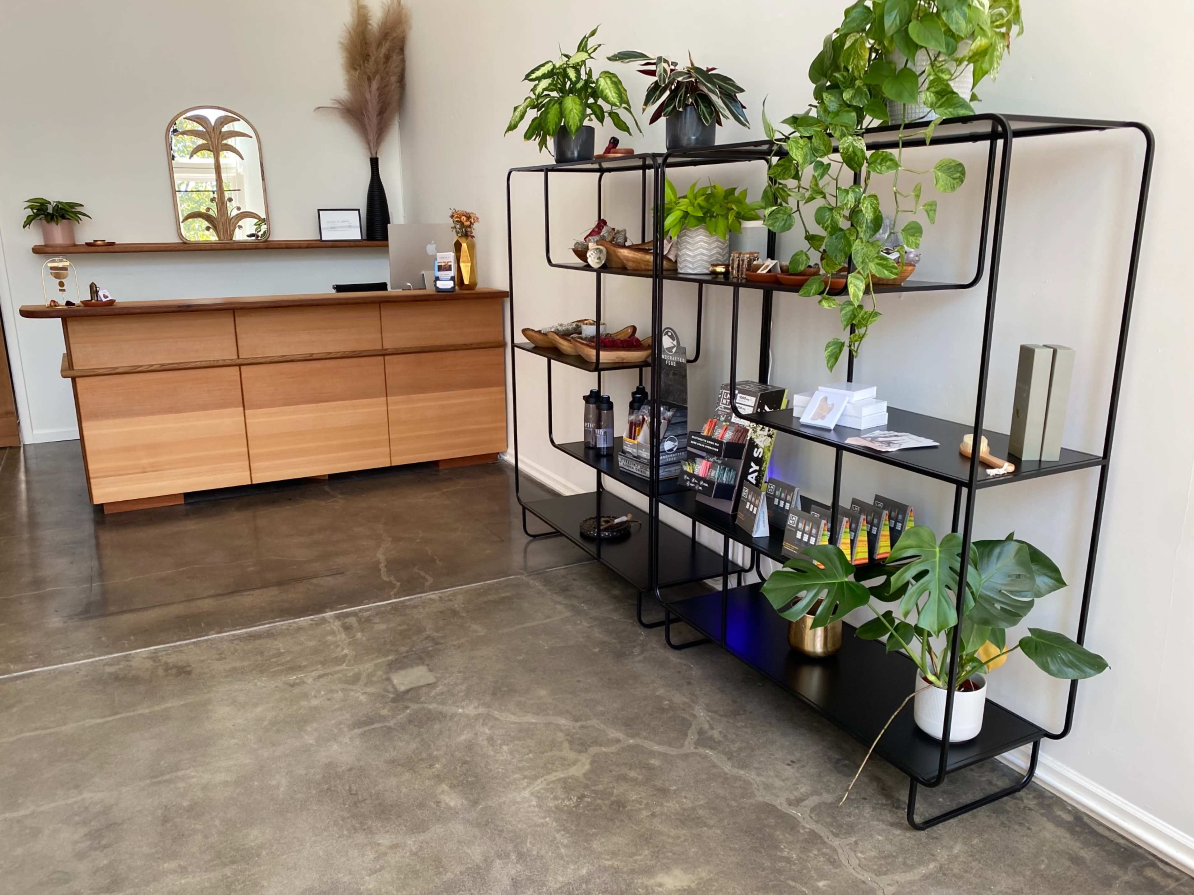 A modern interior space with a wooden reception desk on the left and a black metal shelf unit displaying plants and products on the right.
