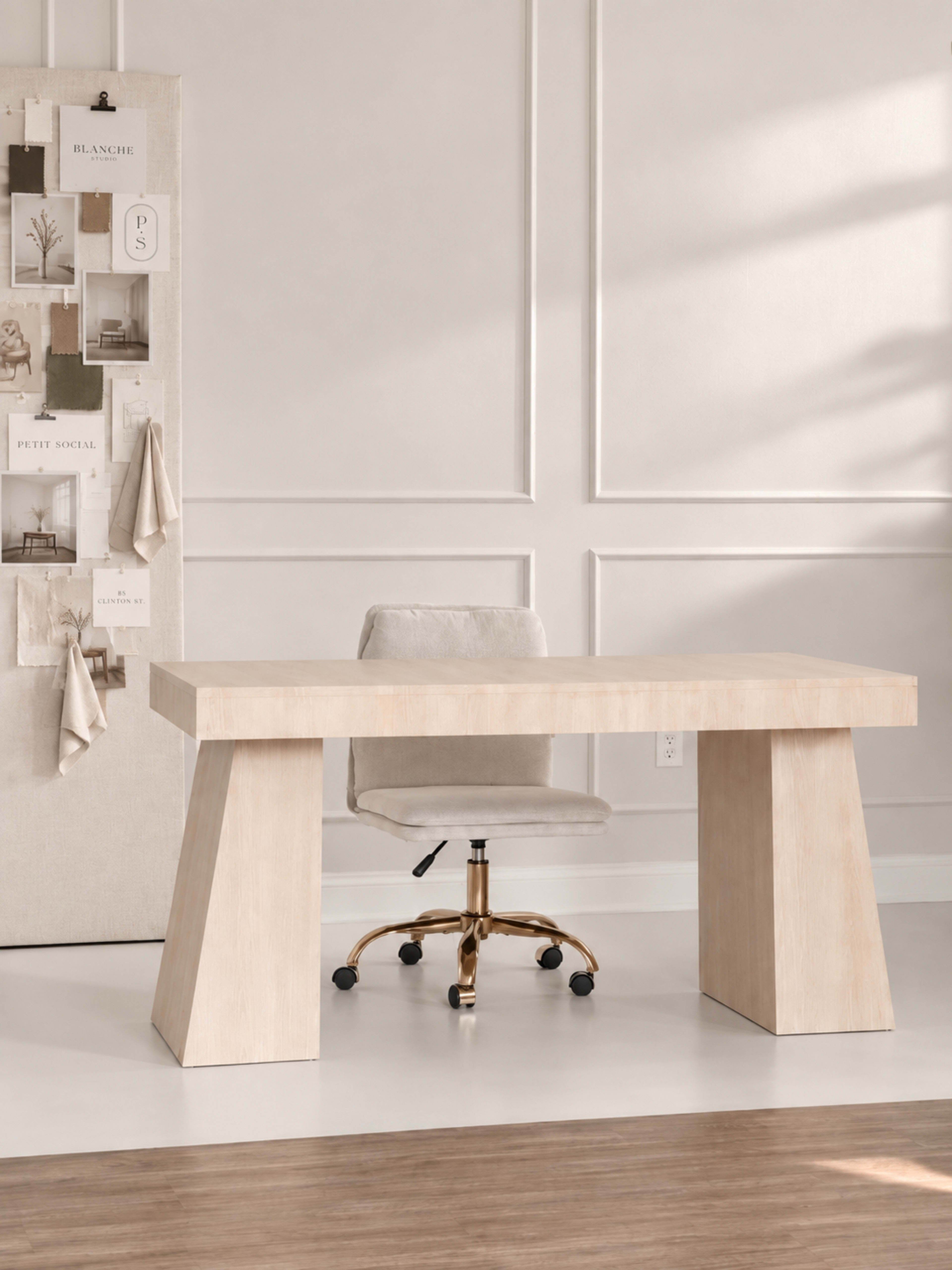 The image features a minimalistic office setup with a light wood desk and a wheeled chair positioned on a light-colored floor.