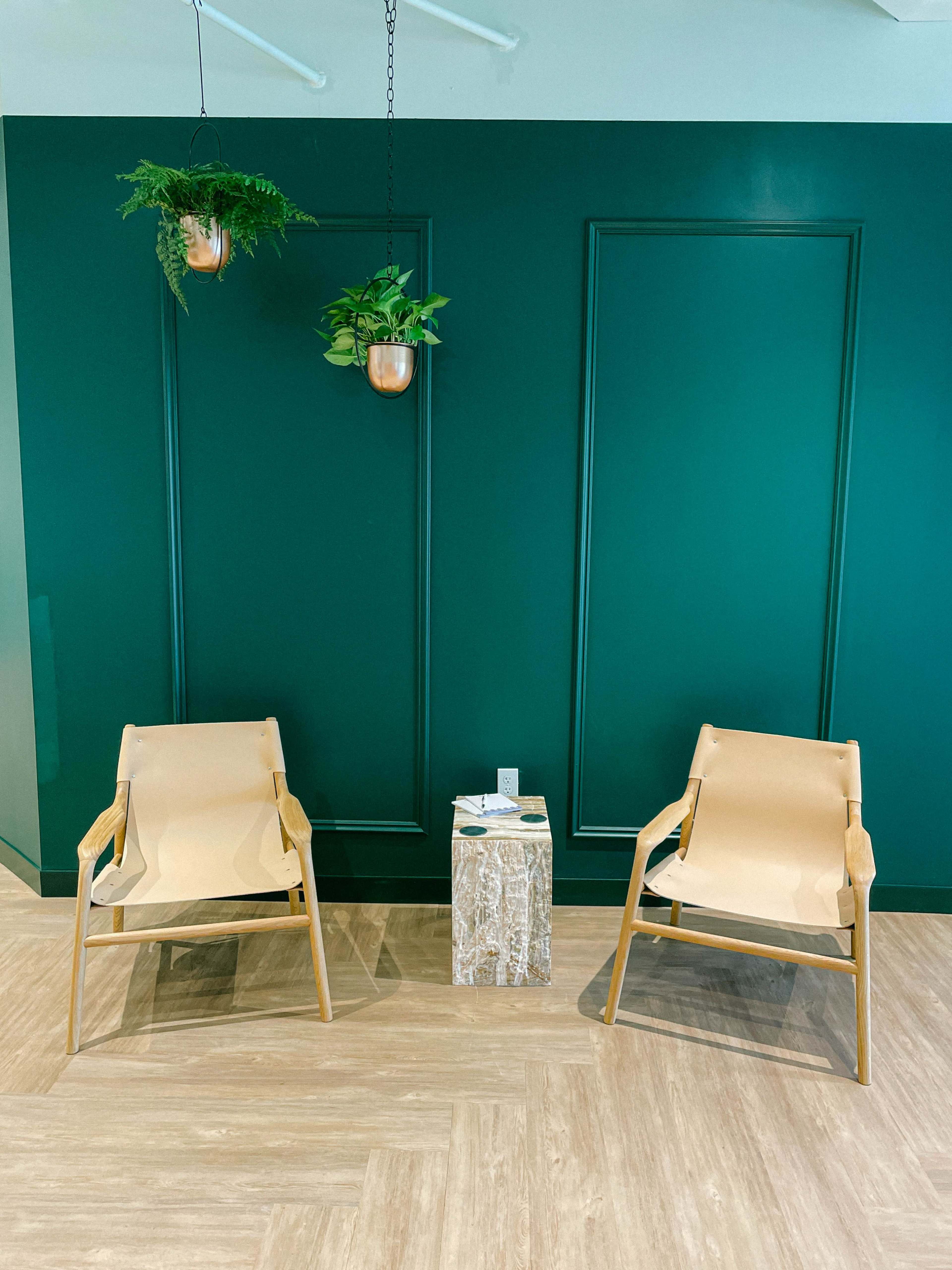 Two beige chairs are positioned on either side of a small, textured table against a dark green wall, with hanging plants above.